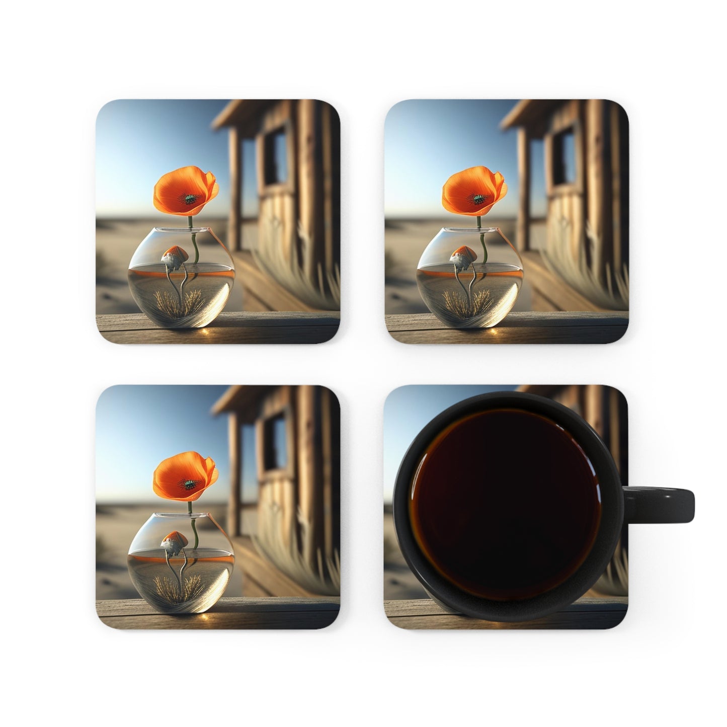 Corkwood Coaster Set Orange Poppy in a Vase 1