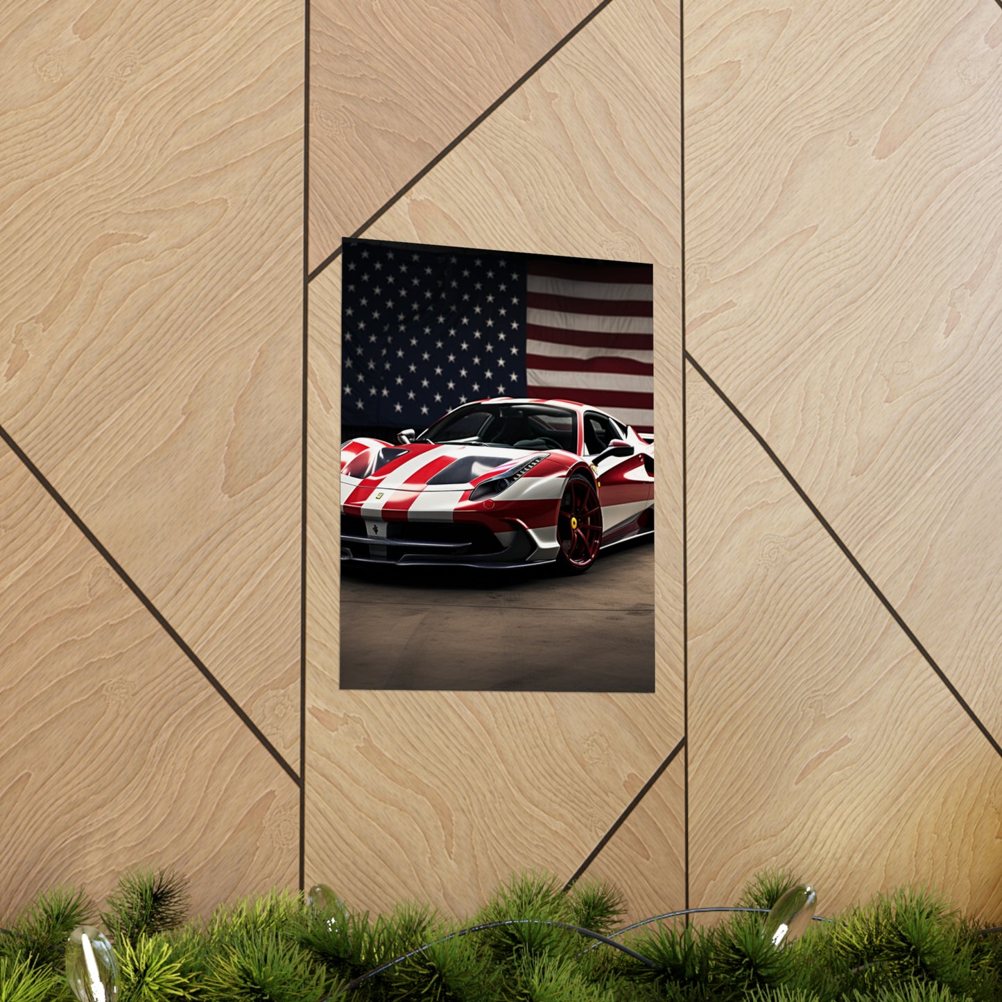 Premium Matte Vertical Posters American Flag Background Ferrari 2