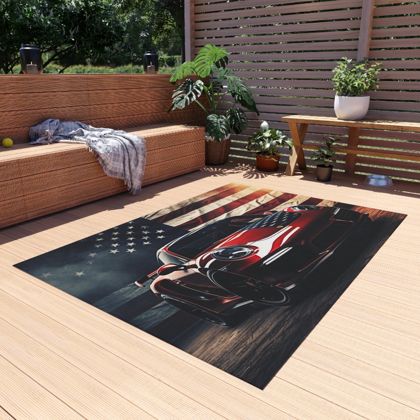 Outdoor Rug  American Flag Background Porsche 2