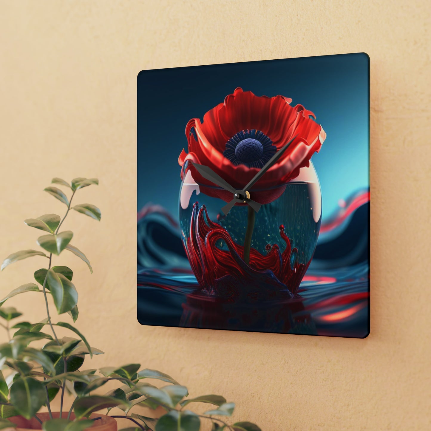 Acrylic Wall Clock Red Anemone in a Vase 2