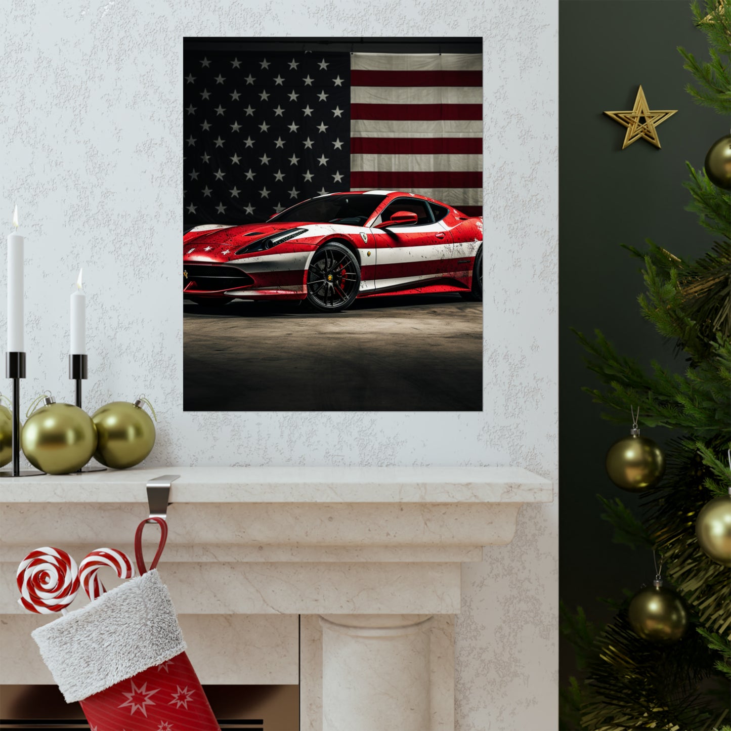 Premium Matte Vertical Posters American Flag Background Ferrari 1