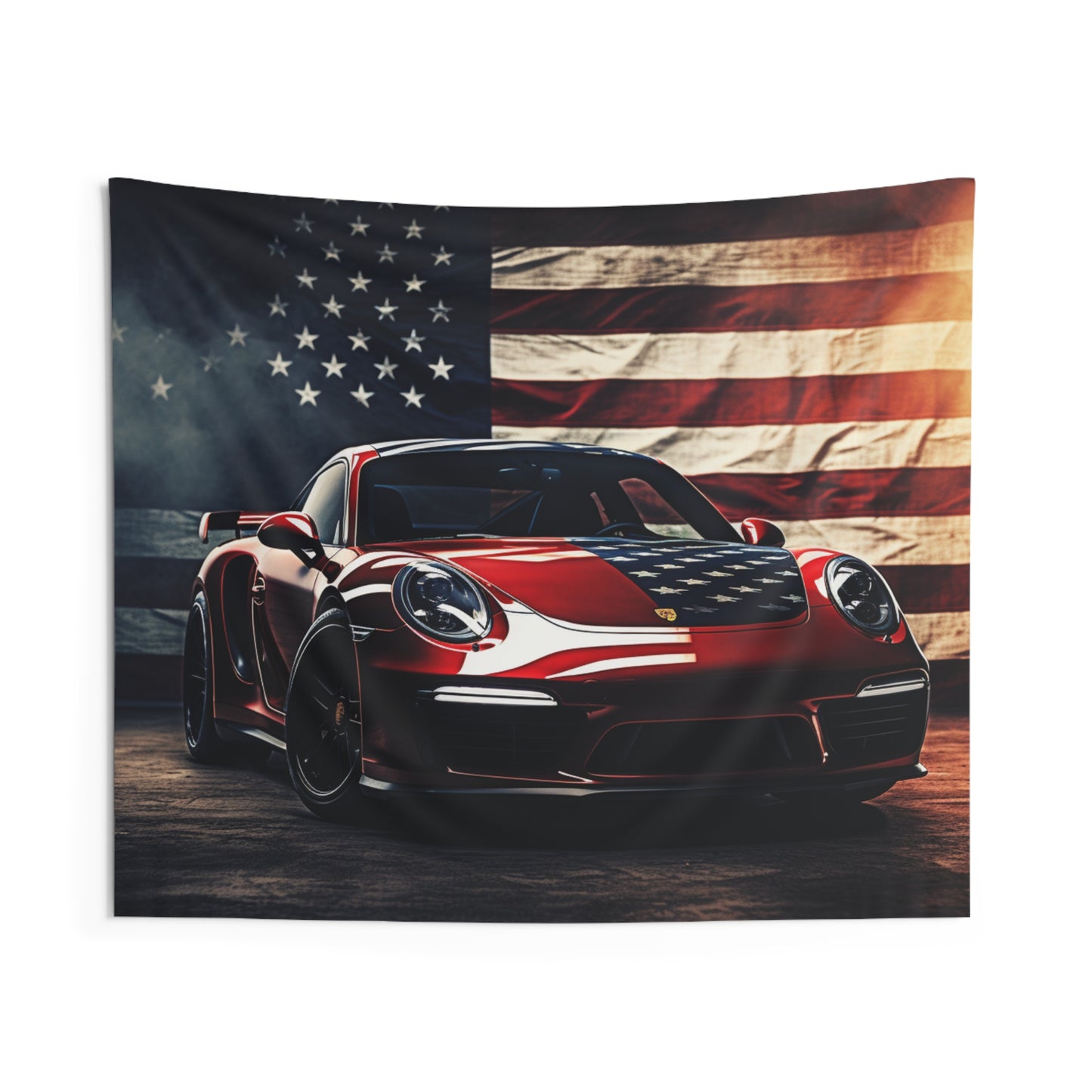 Indoor Wall Tapestries American Flag Background Porsche 2