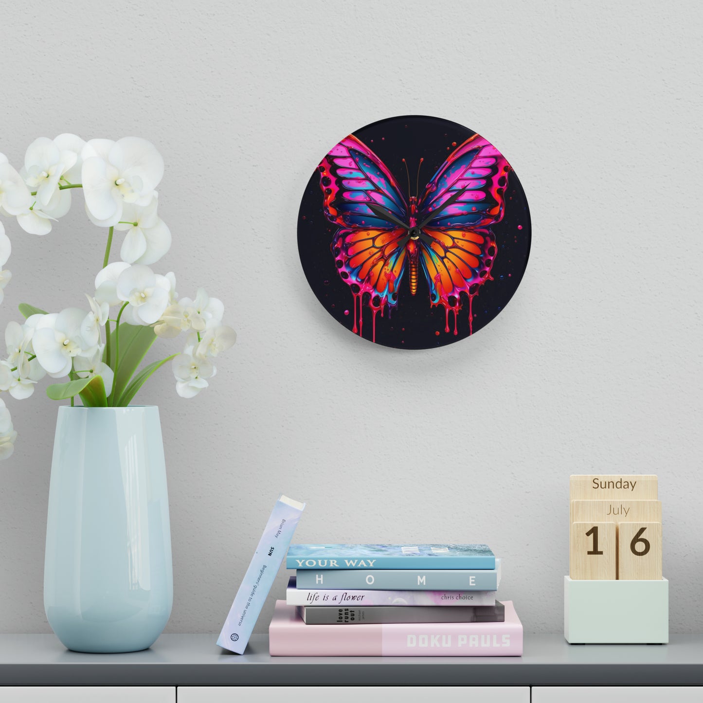 Acrylic Wall Clock Pink Butterfly Flair 1