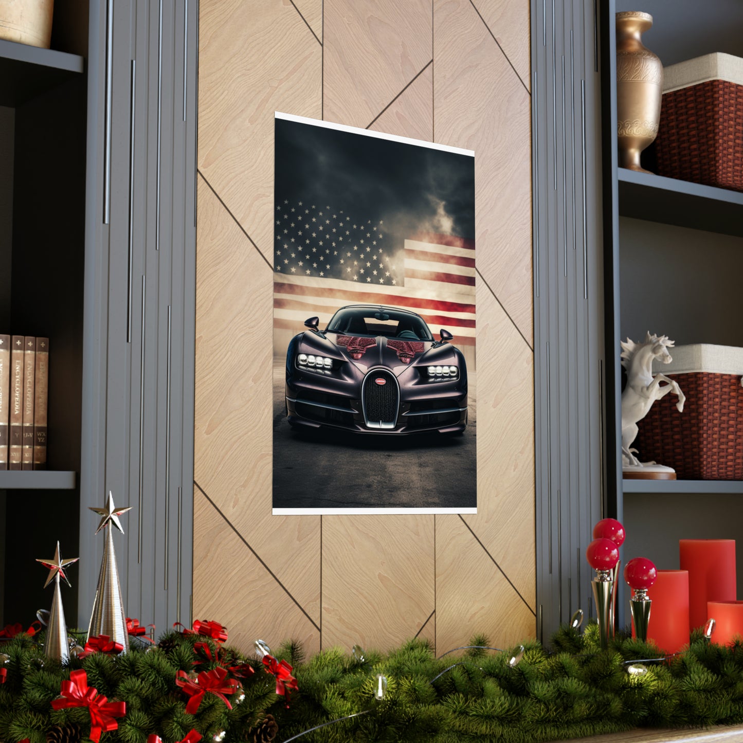 Premium Matte Vertical Posters American Flag Background Bugatti 2