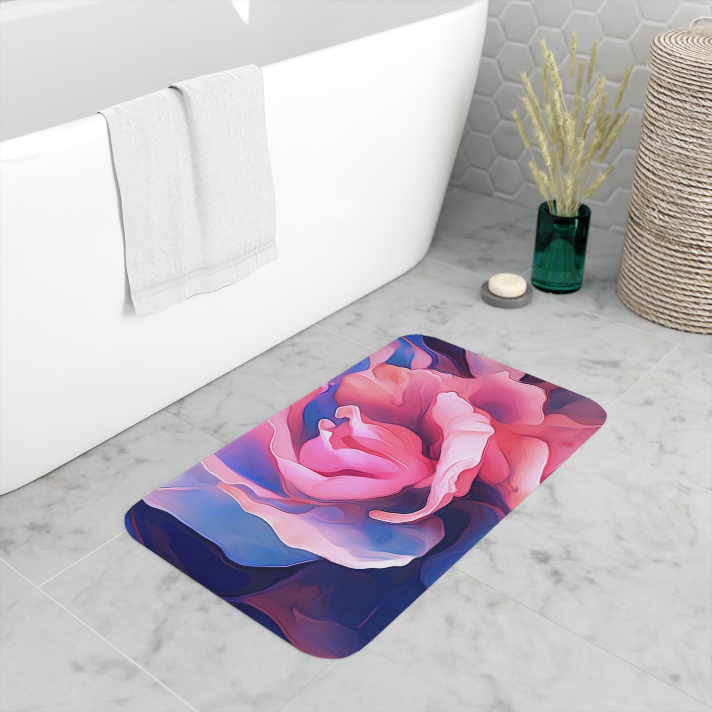 Memory Foam Bath Mat Pink & Blue Tulip Rose 1