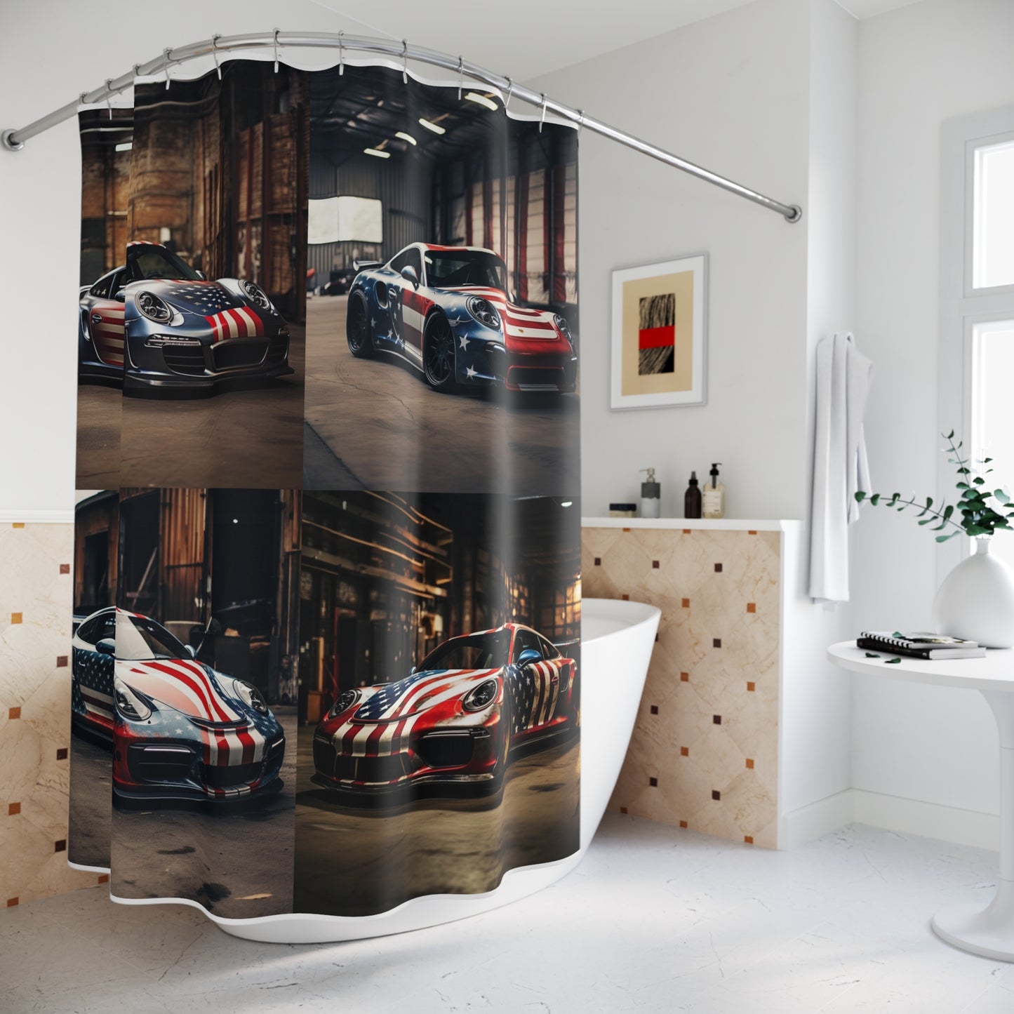 Polyester Shower Curtain American Flag Porsche 5