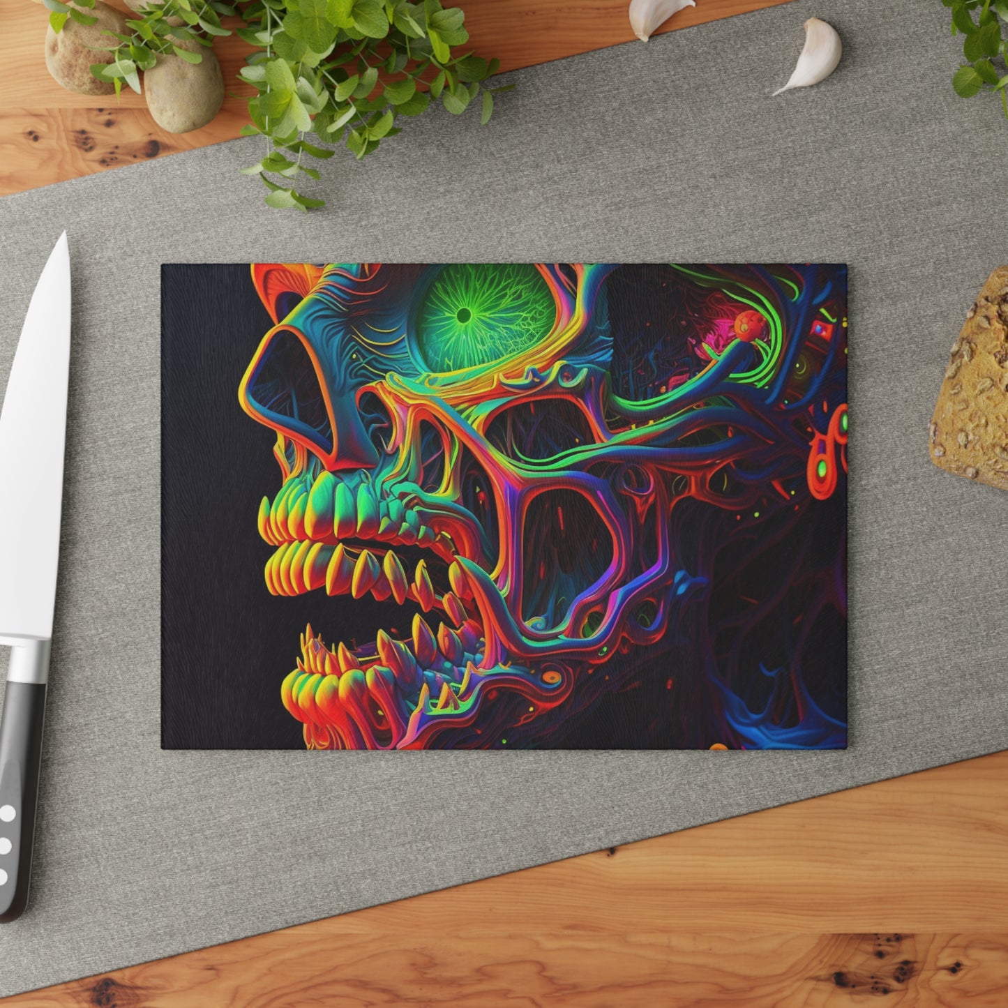 Glass Cutting Board Florescent Skull Death 1