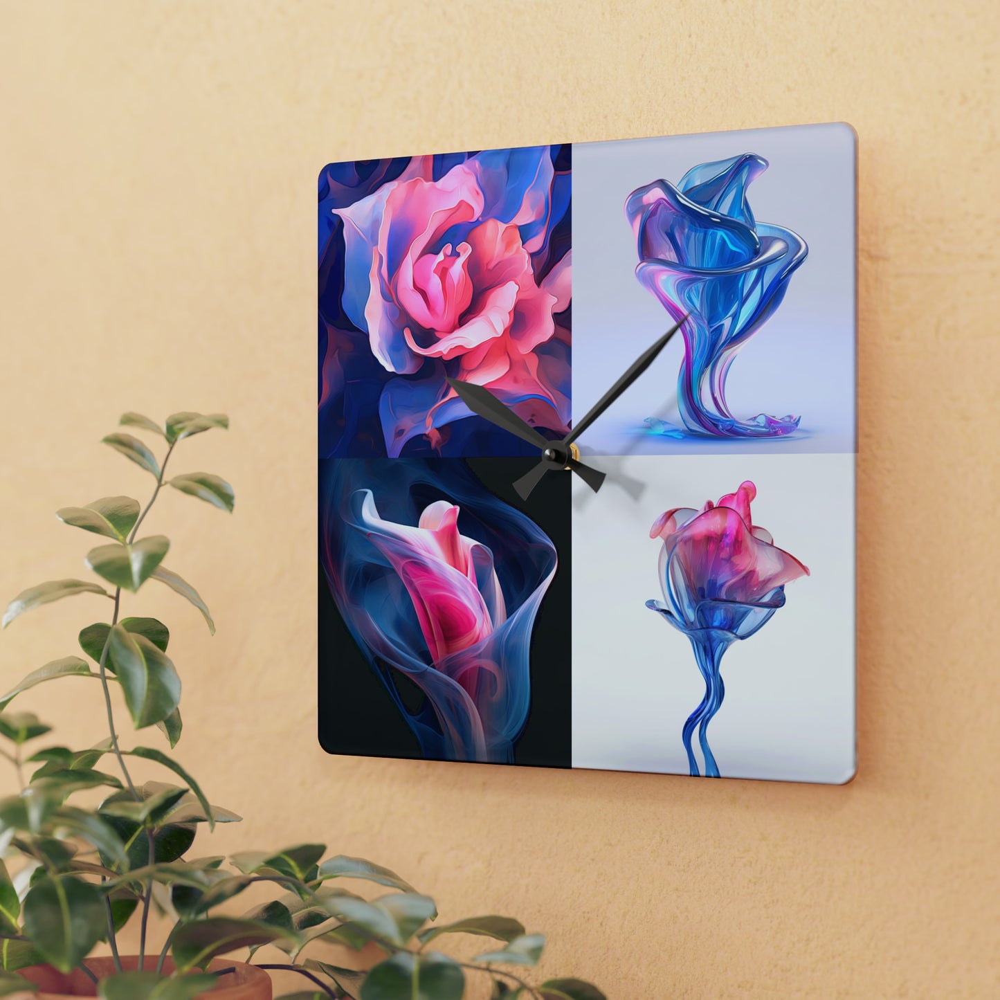 Acrylic Wall Clock Pink & Blue Tulip Rose 5