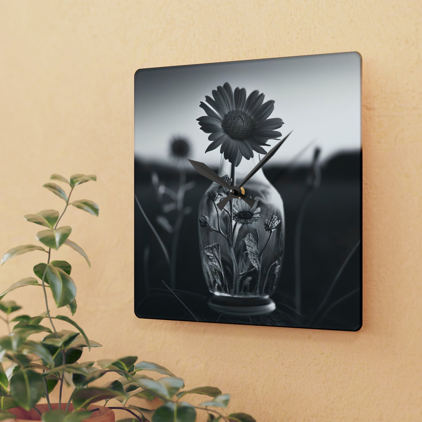 Acrylic Wall Clock Yellw Sunflower in a vase 2