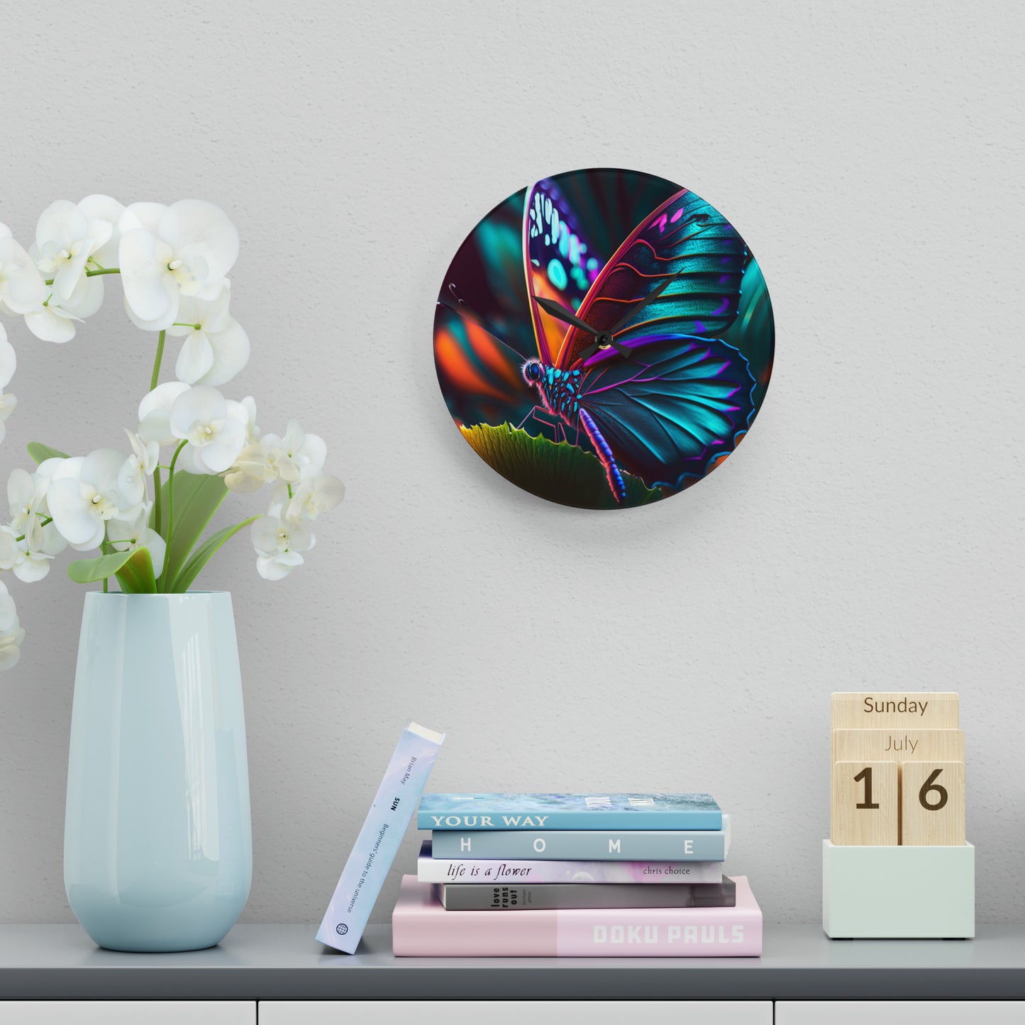 Acrylic Wall Clock Neon Butterfly Macro 1