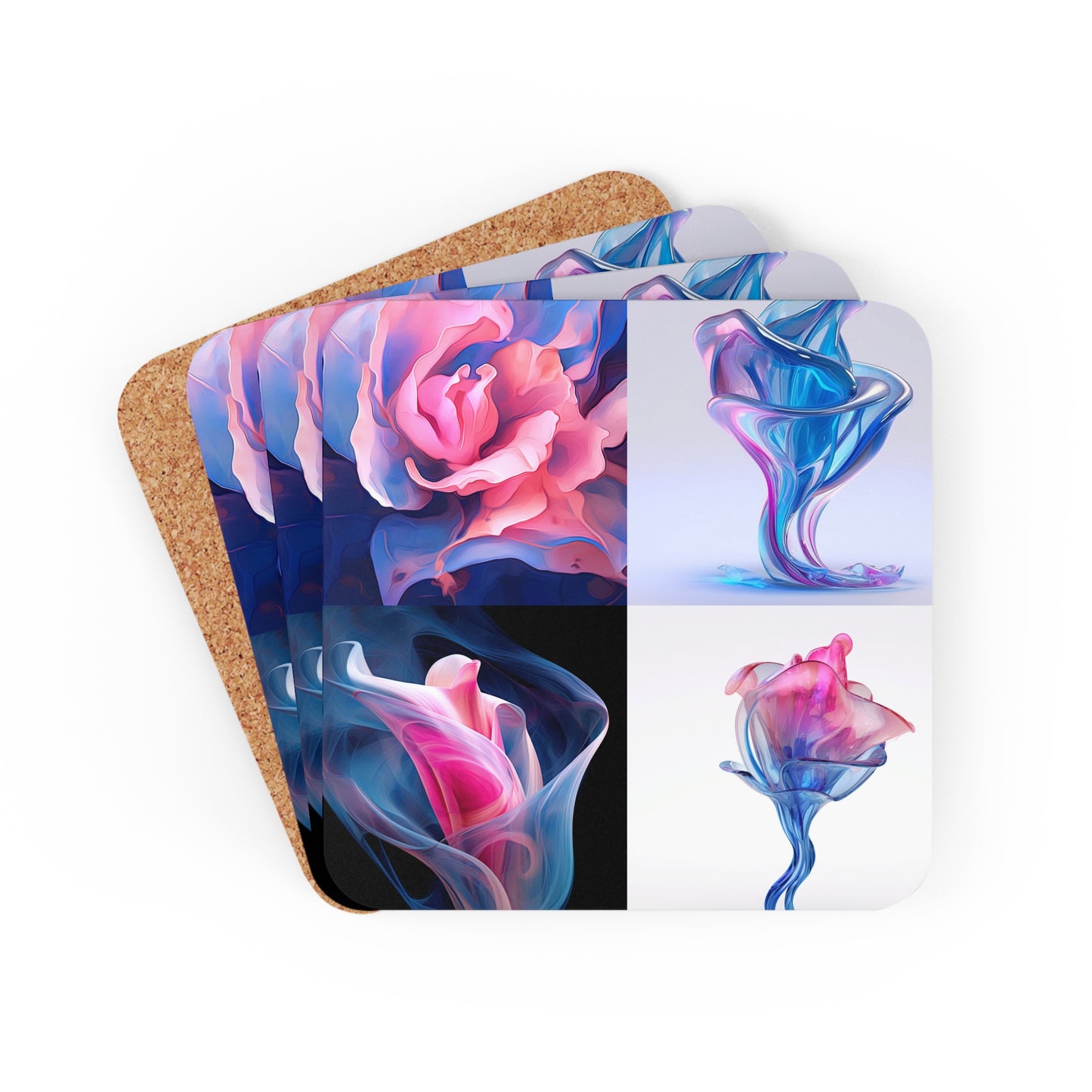 Corkwood Coaster Set Pink & Blue Tulip Rose 5