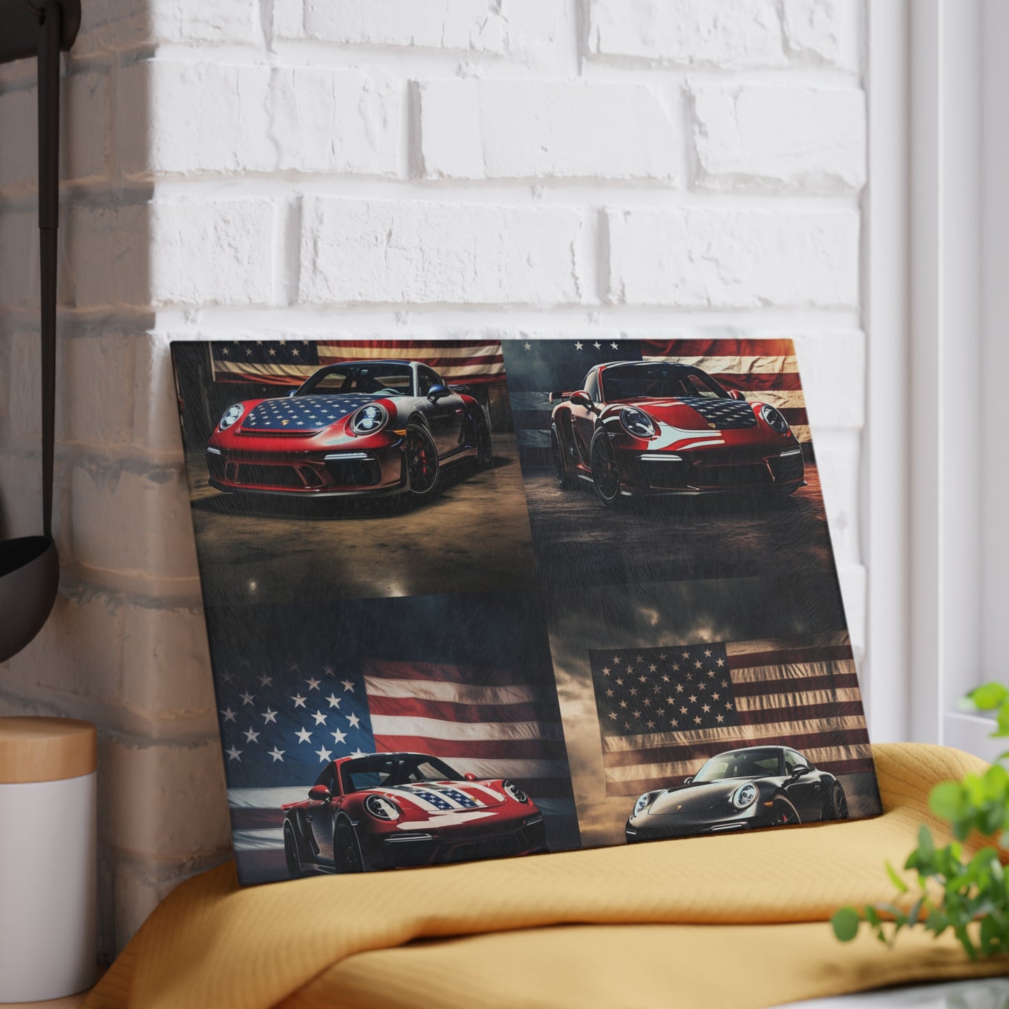 Glass Cutting Board American Flag Background Porsche 5