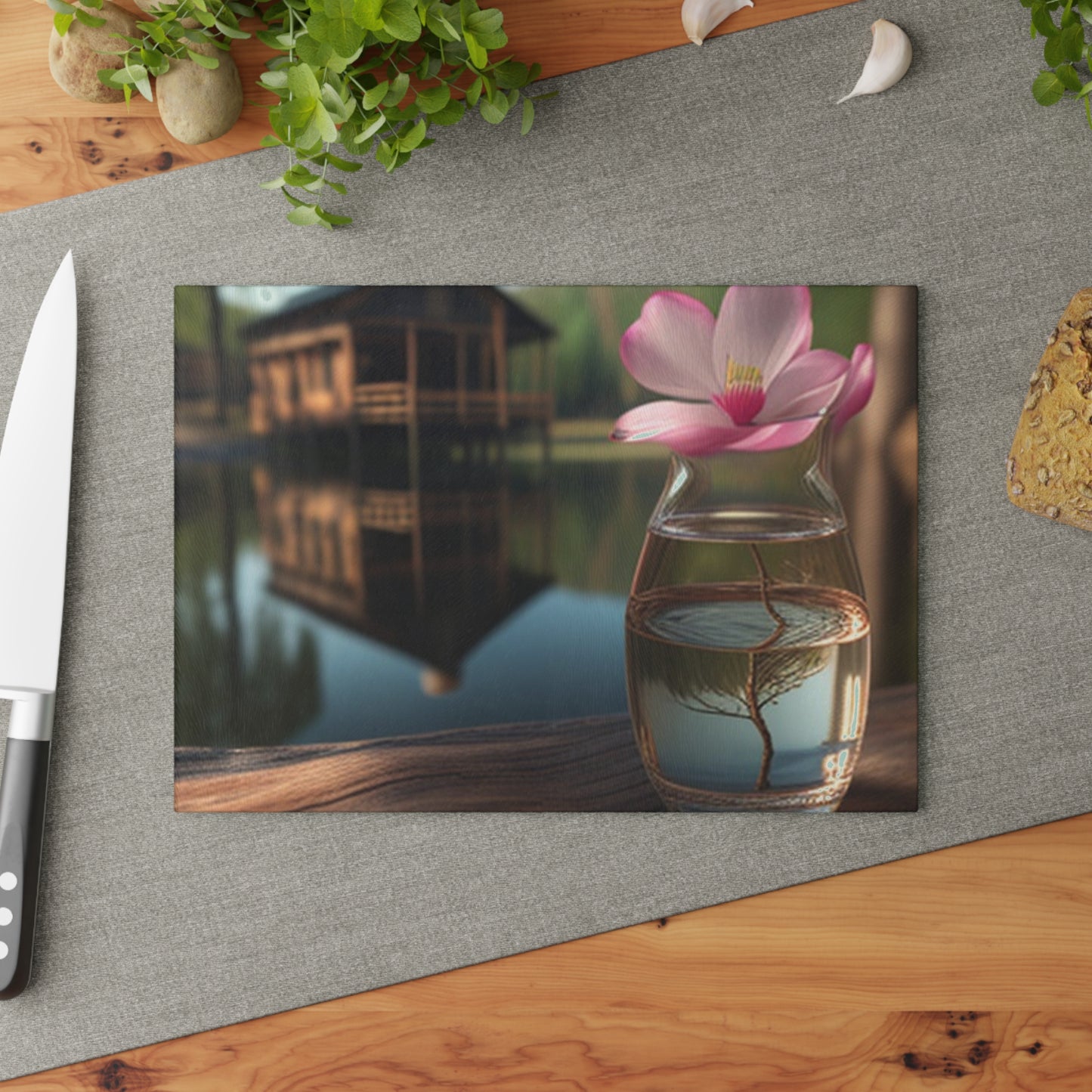 Glass Cutting Board Magnolia in a Glass vase 1