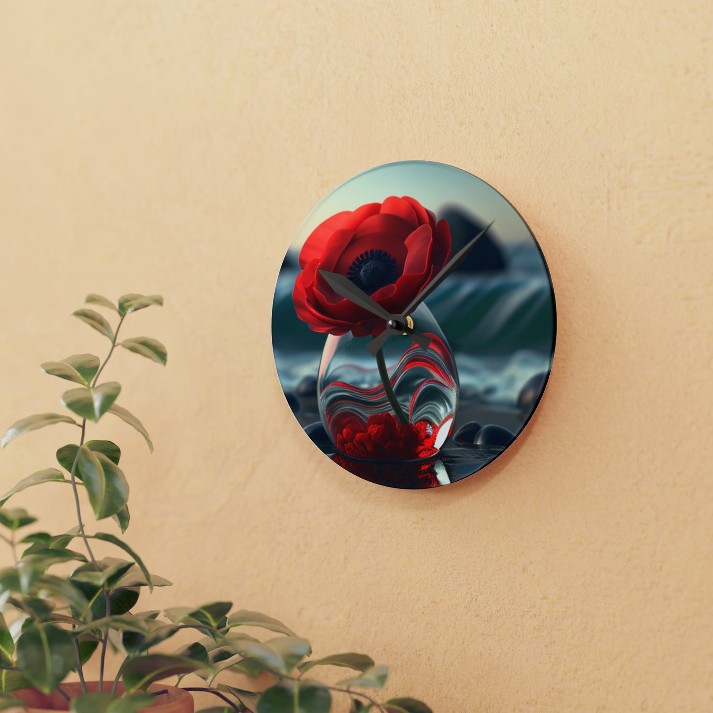 Acrylic Wall Clock Red Anemone in a Vase 1