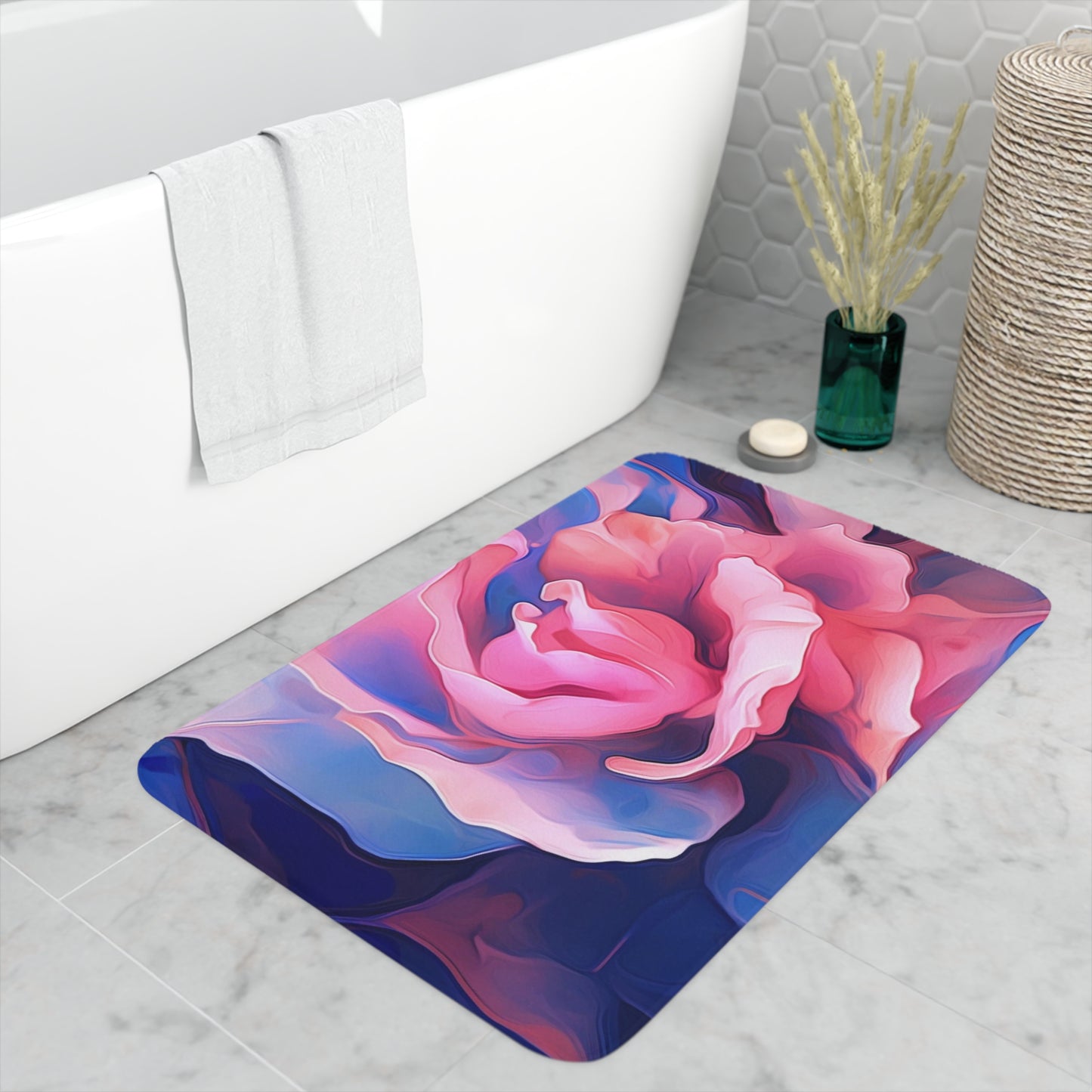 Memory Foam Bath Mat Pink & Blue Tulip Rose 1