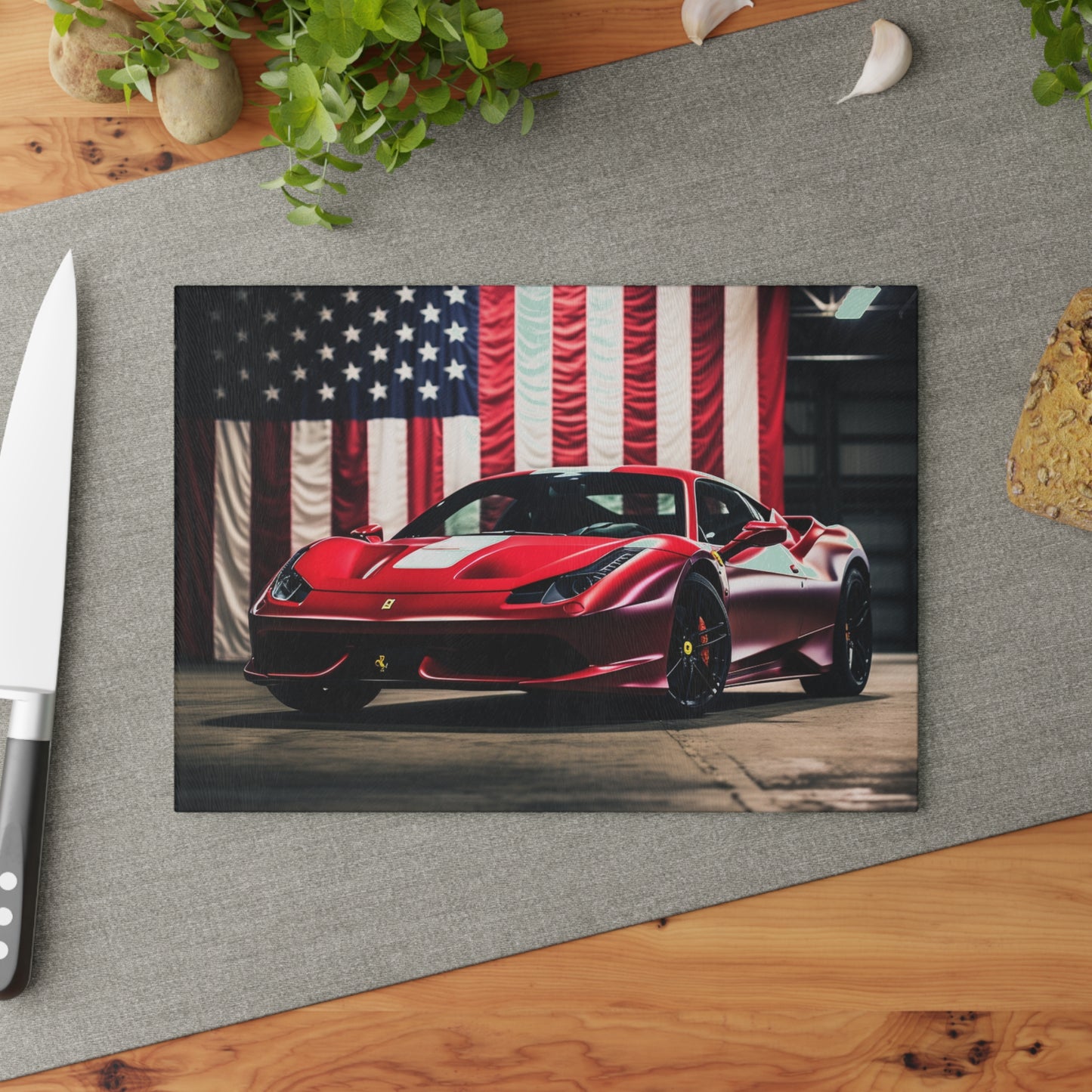 Glass Cutting Board American Flag Background Ferrari 3