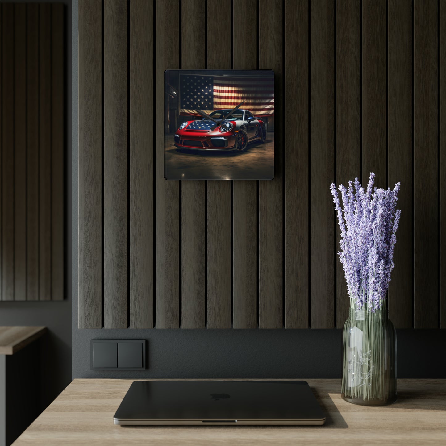 Acrylic Wall Clock American Flag Background Porsche 1