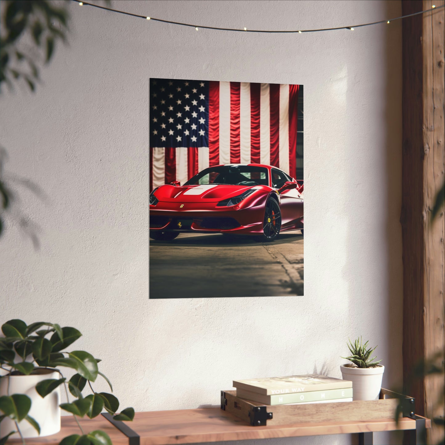 Premium Matte Vertical Posters American Flag Background Ferrari 3