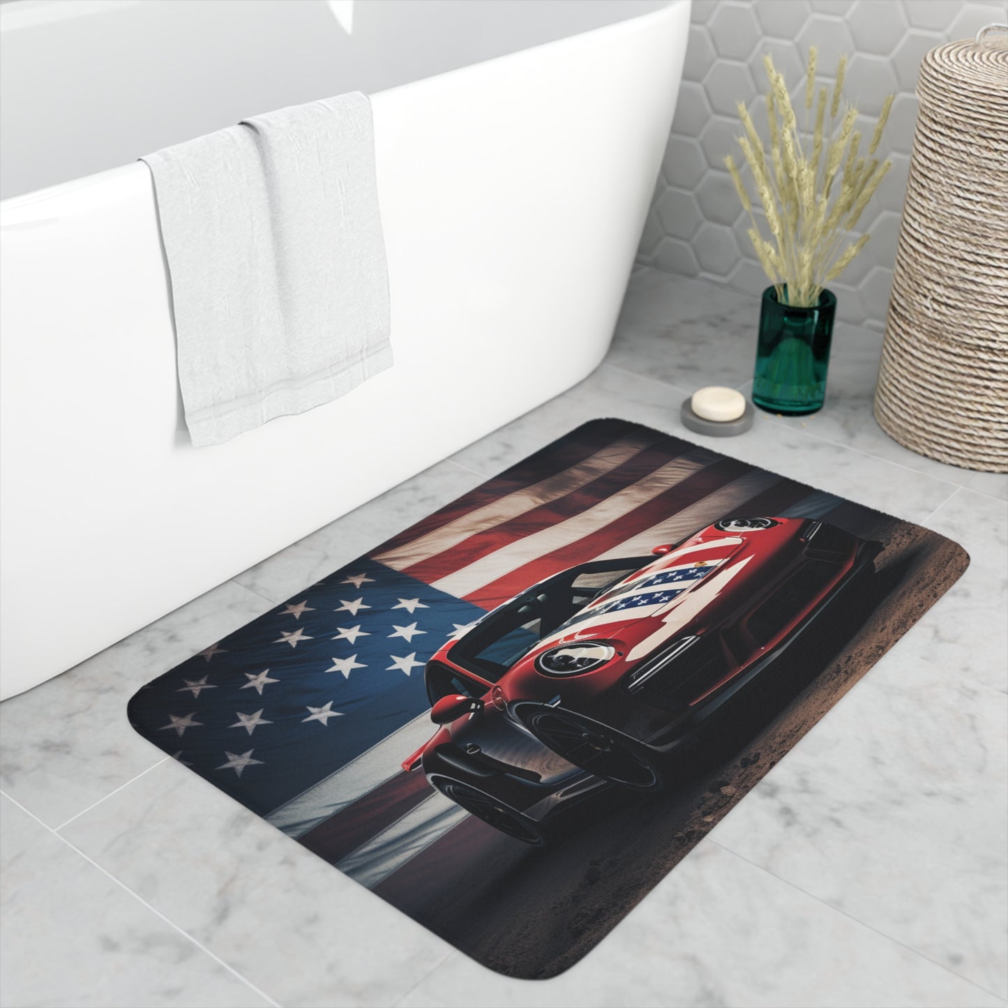 Memory Foam Bath Mat American Flag Background Porsche 3