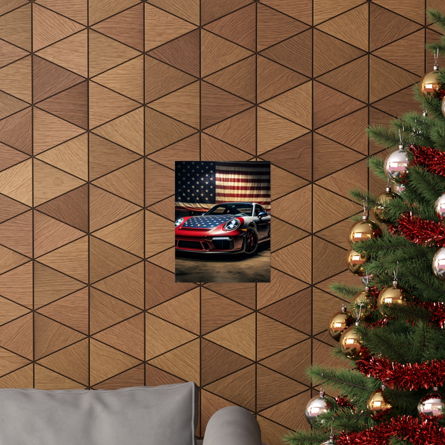 Premium Matte Vertical Posters American Flag Background Porsche 1