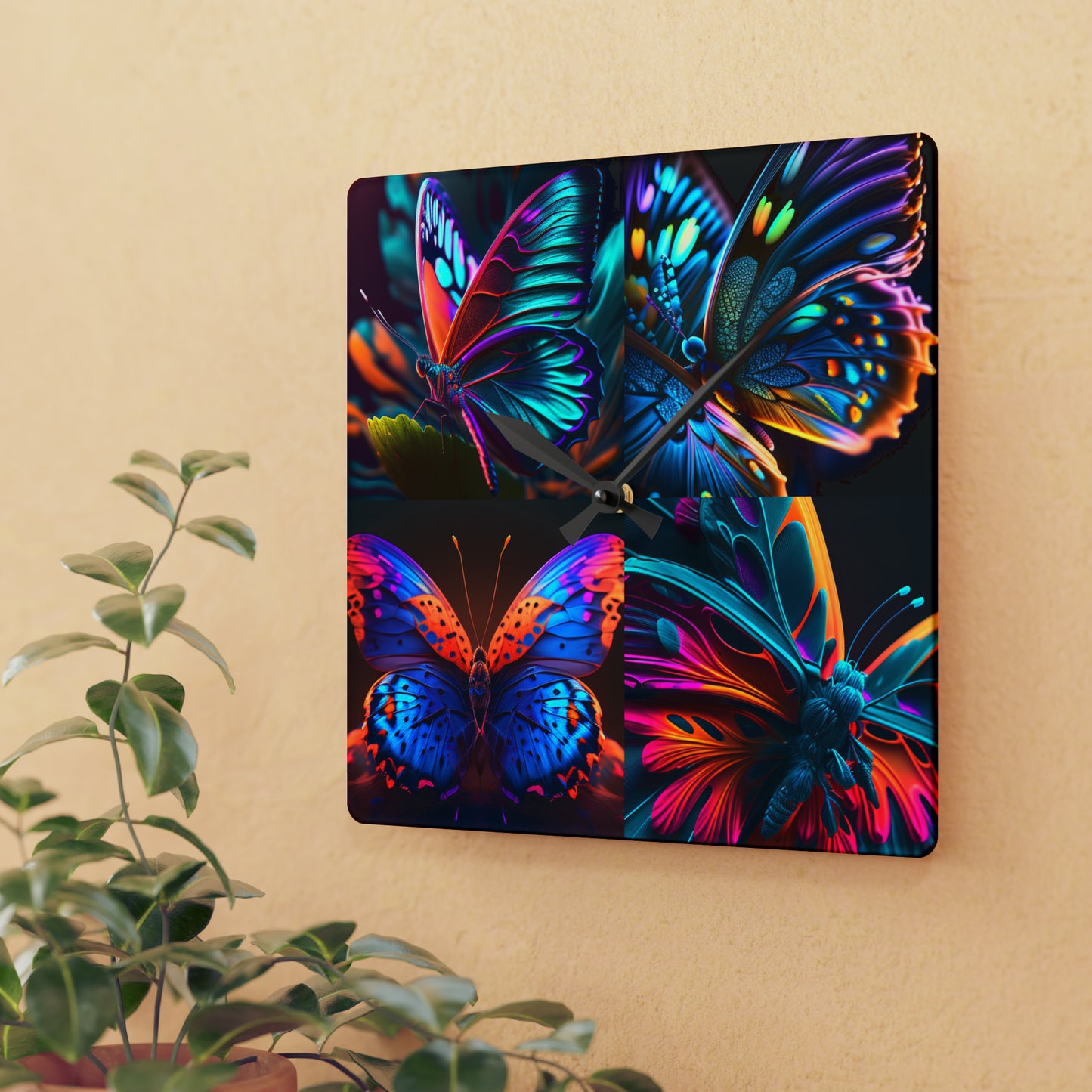 Acrylic Wall Clock Neon Butterfly Macro 5