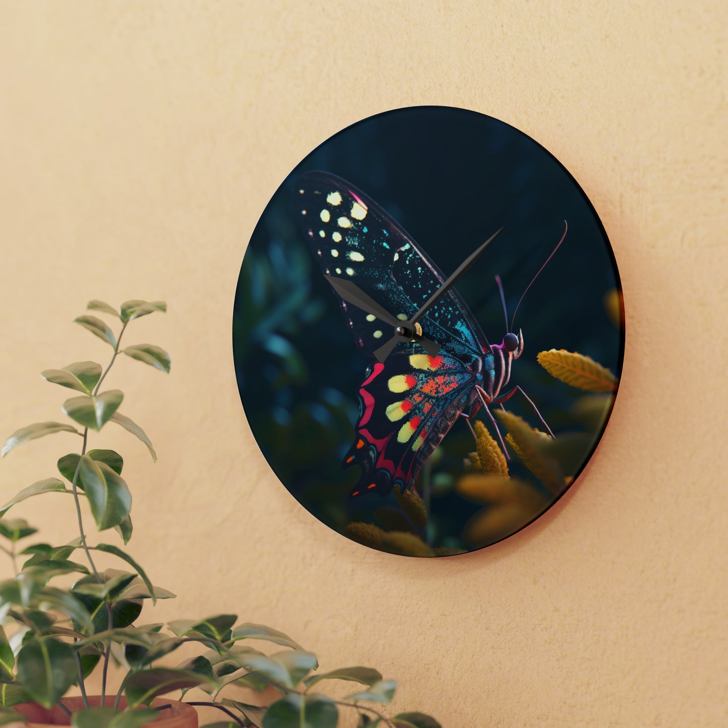 Acrylic Wall Clock Hyper Colorful Butterfly Macro 2