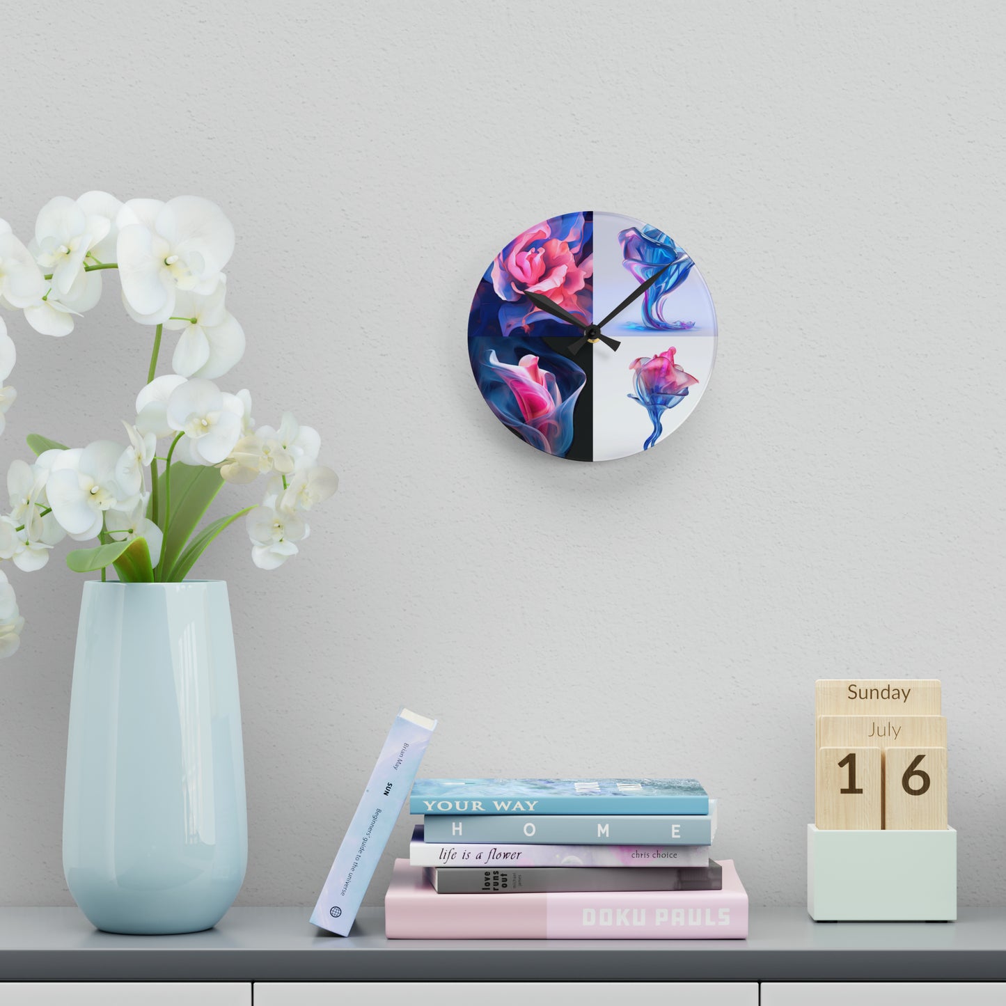 Acrylic Wall Clock Pink & Blue Tulip Rose 5