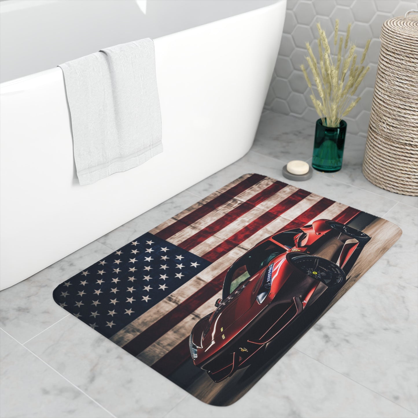 Memory Foam Bath Mat American Flag Background Ferrari 4