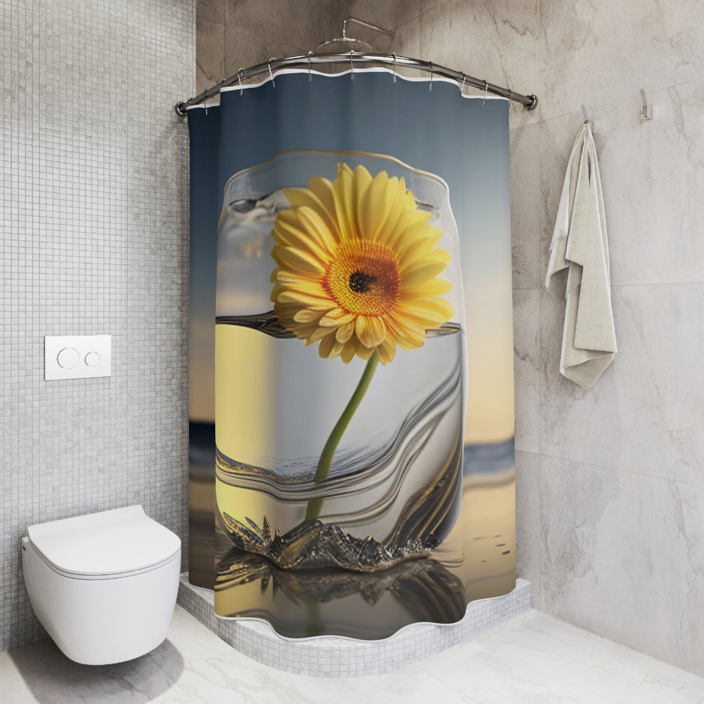 Polyester Shower Curtain yello Gerbera glass 1