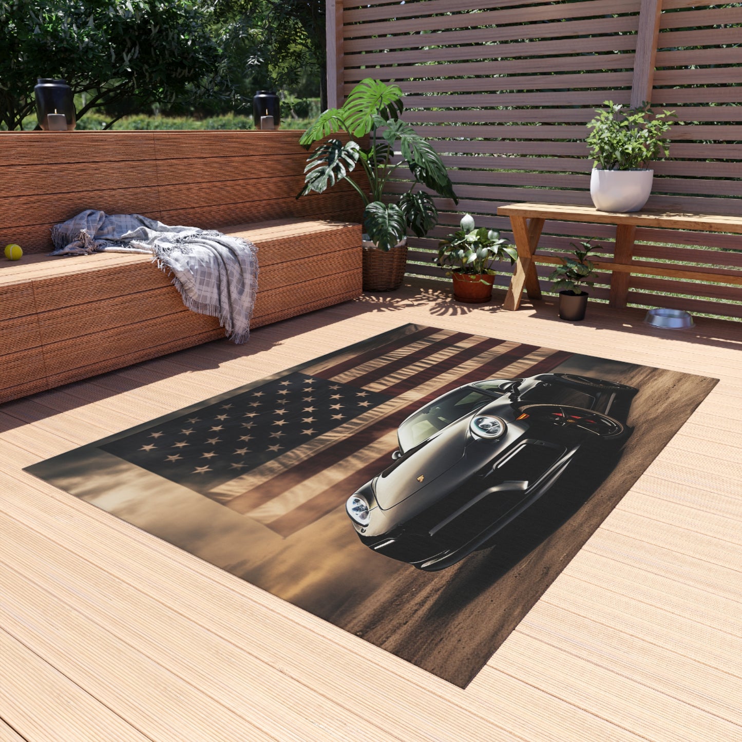 Outdoor Rug  American Flag Background Porsche 4