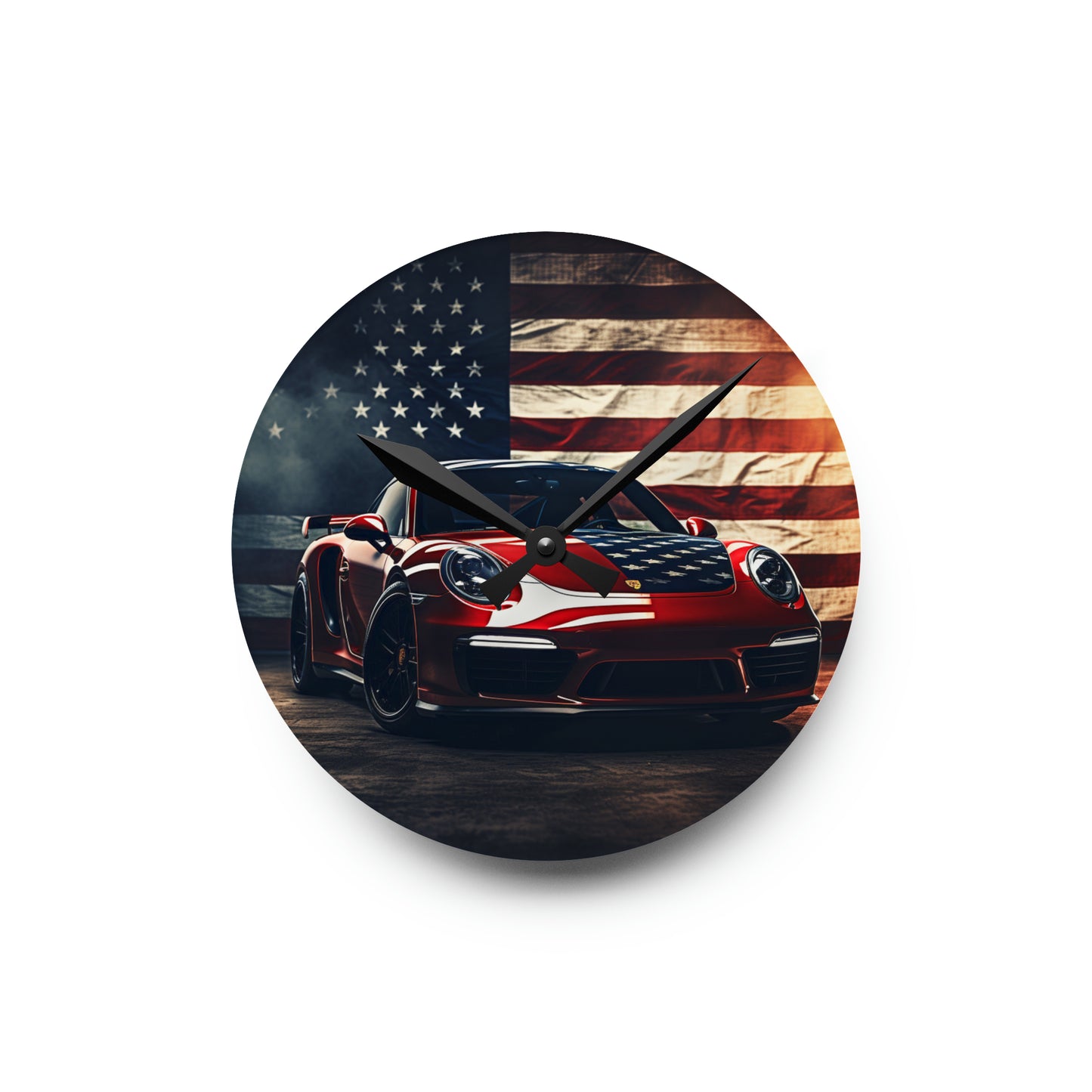 Acrylic Wall Clock American Flag Background Porsche 2