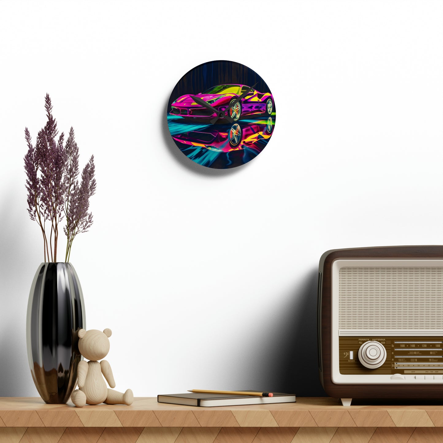 Acrylic Wall Clock Pink Ferrari Macro 3