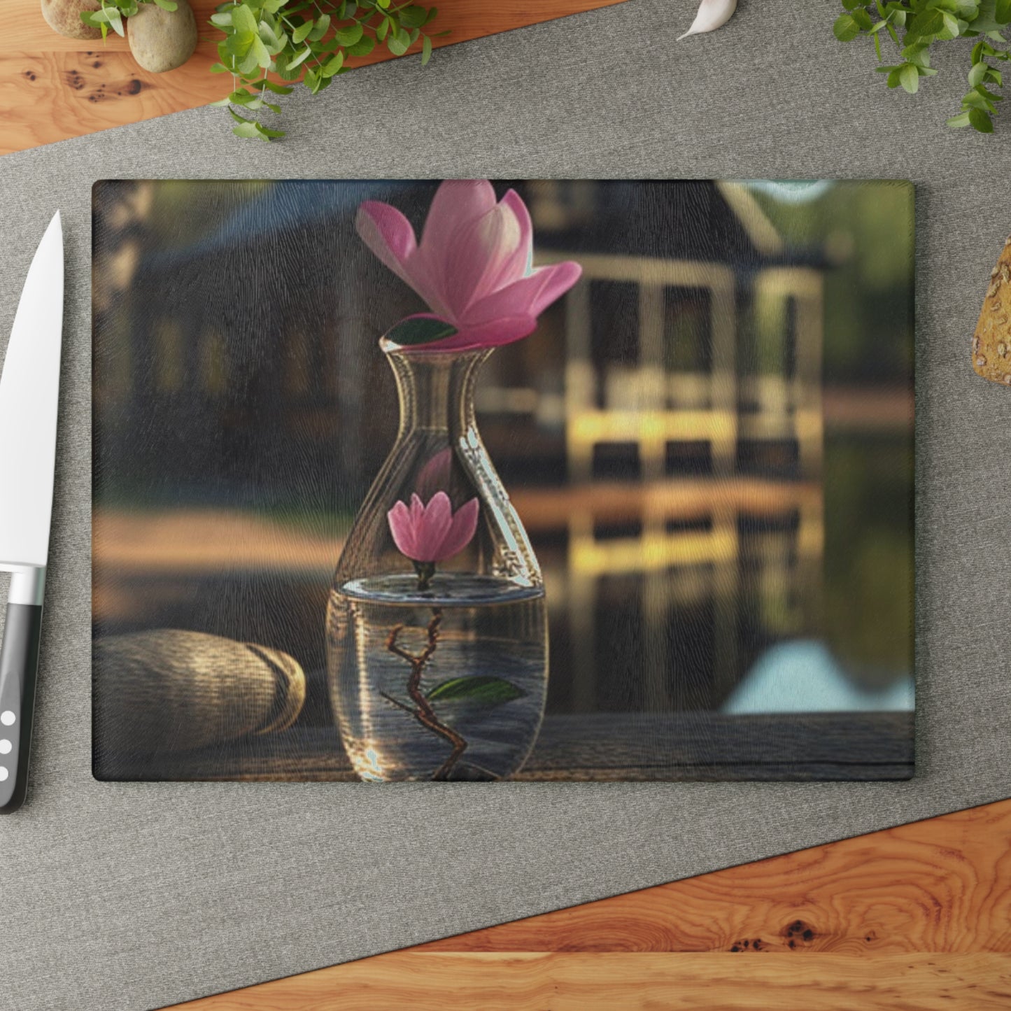 Glass Cutting Board Magnolia in a Glass vase 4