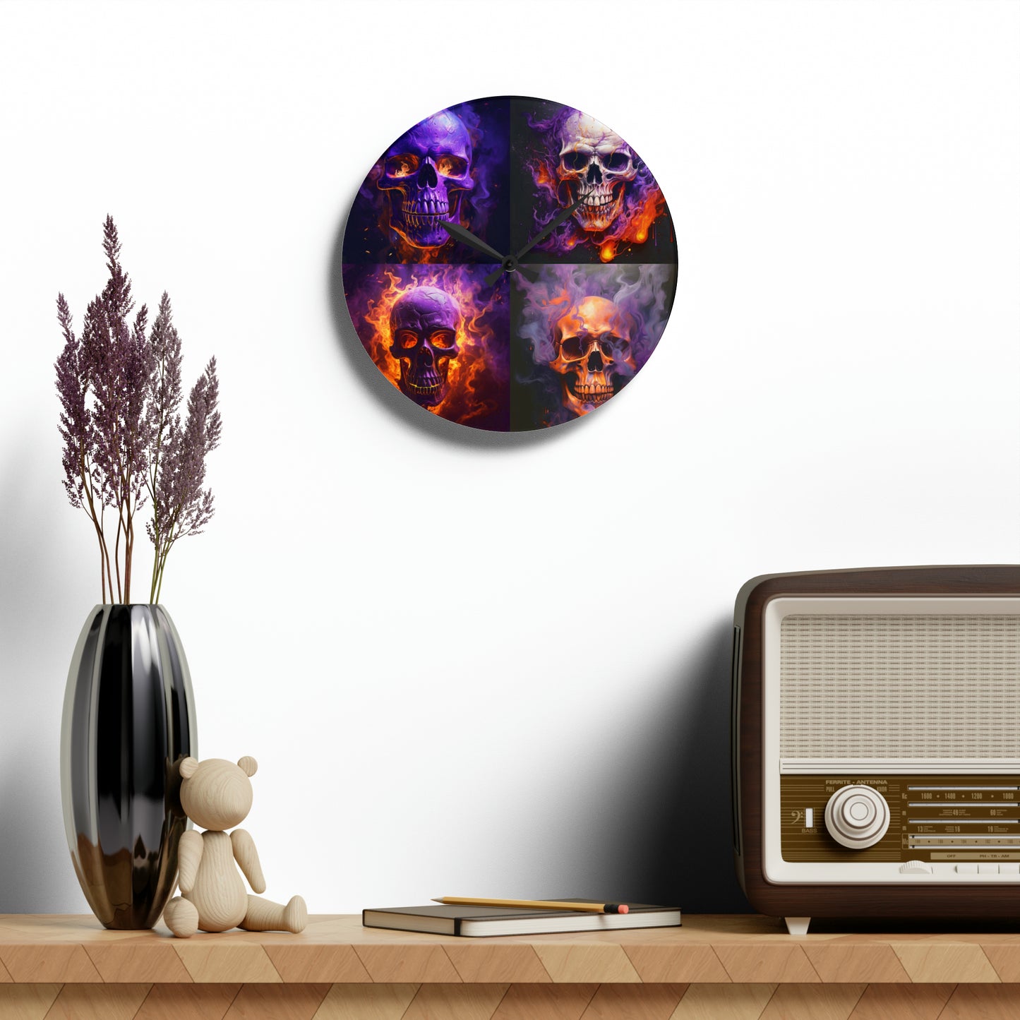 Acrylic Wall Clock Skull Flames 5