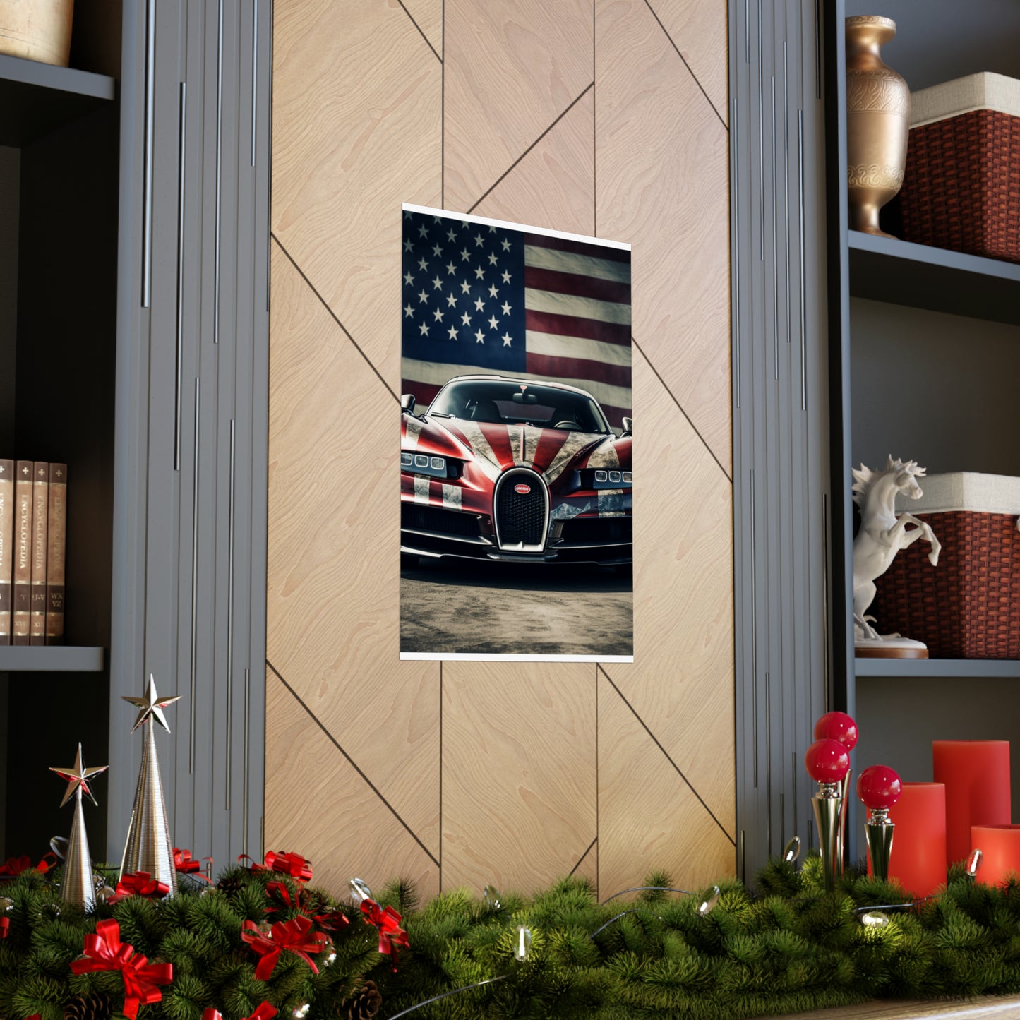 Premium Matte Vertical Posters American Flag Background Bugatti 3