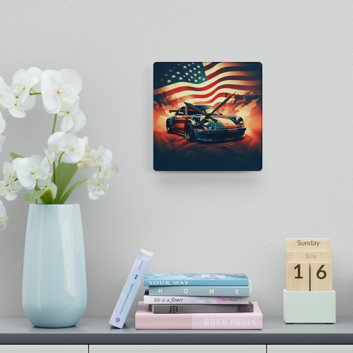 Acrylic Wall Clock Abstract American Flag Background Porsche 4