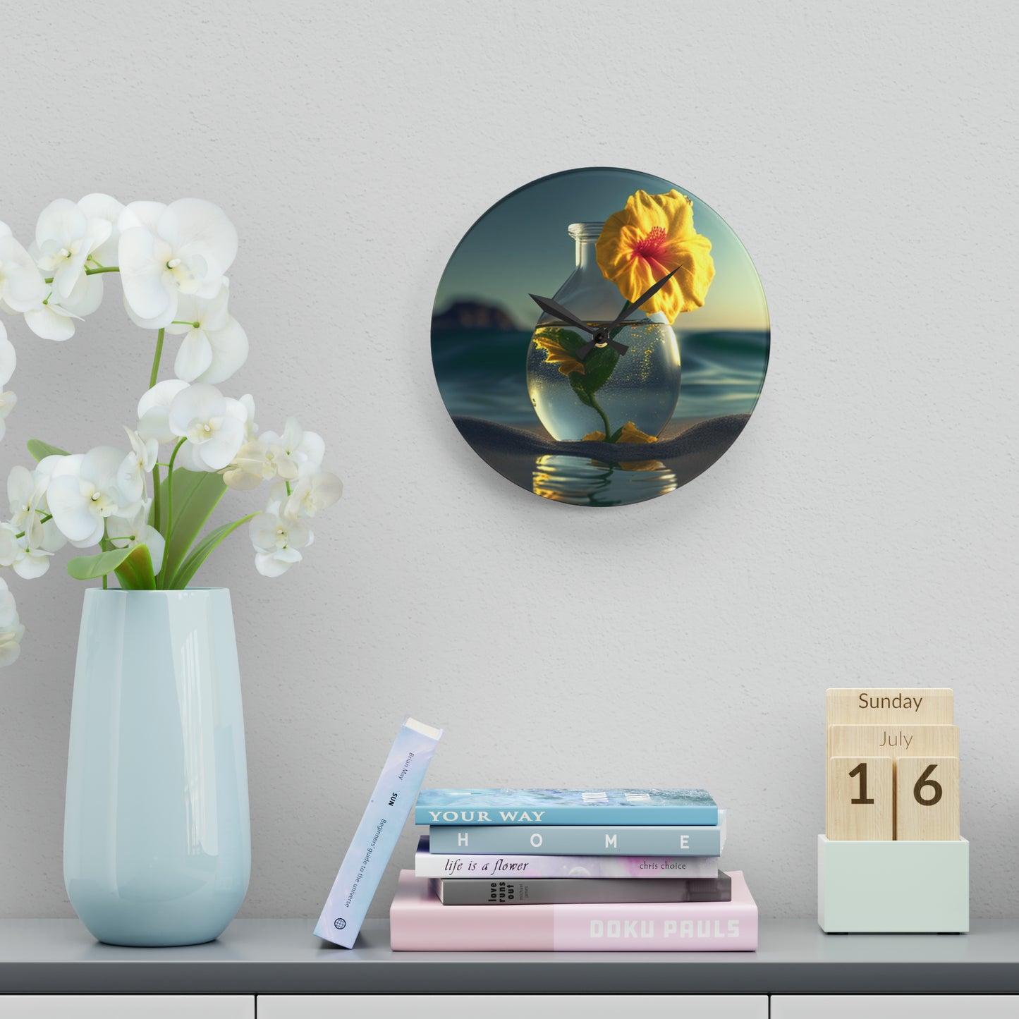 Acrylic Wall Clock Yellow Hibiscus glass 2