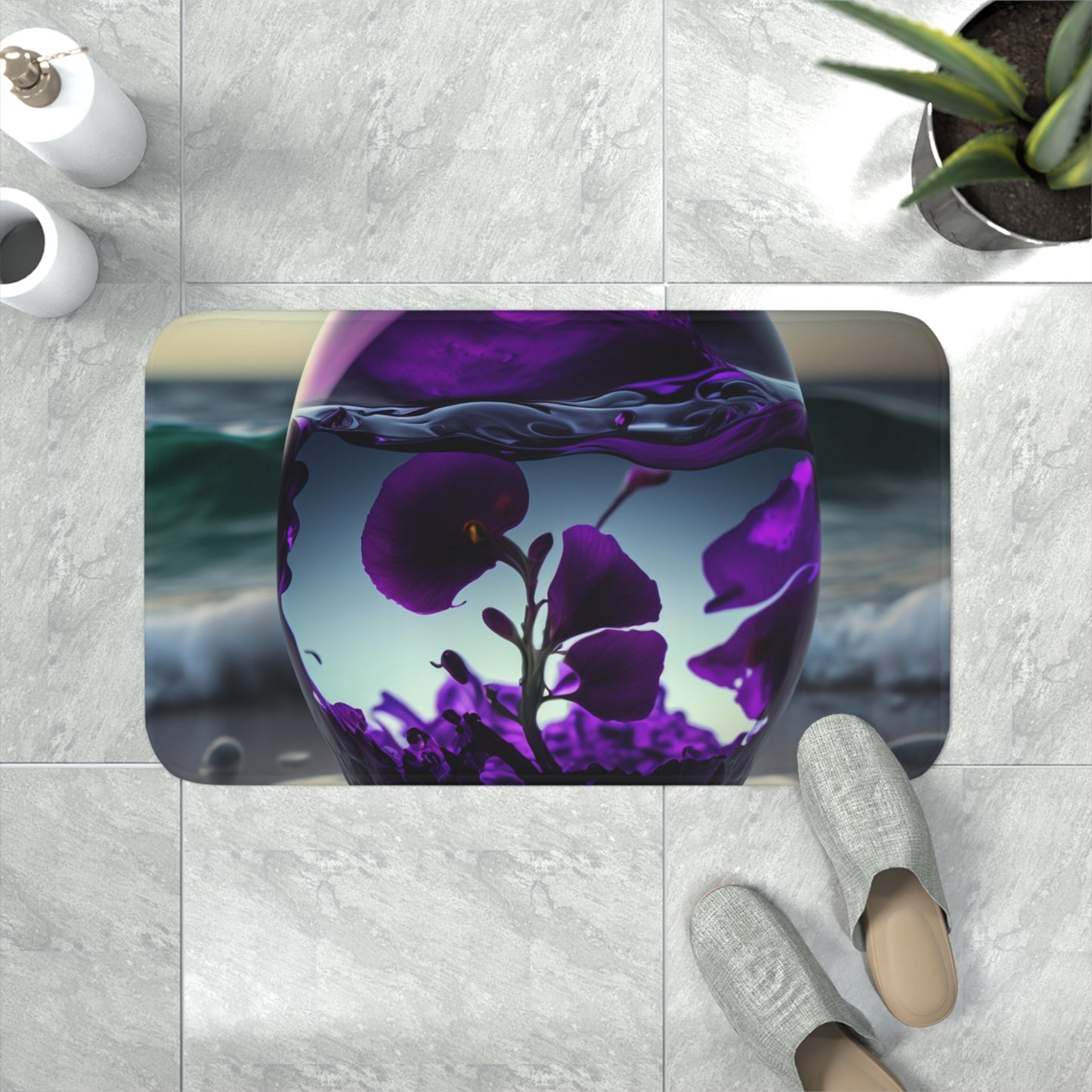 Memory Foam Bath Mat Purple Sweet pea in a vase 4