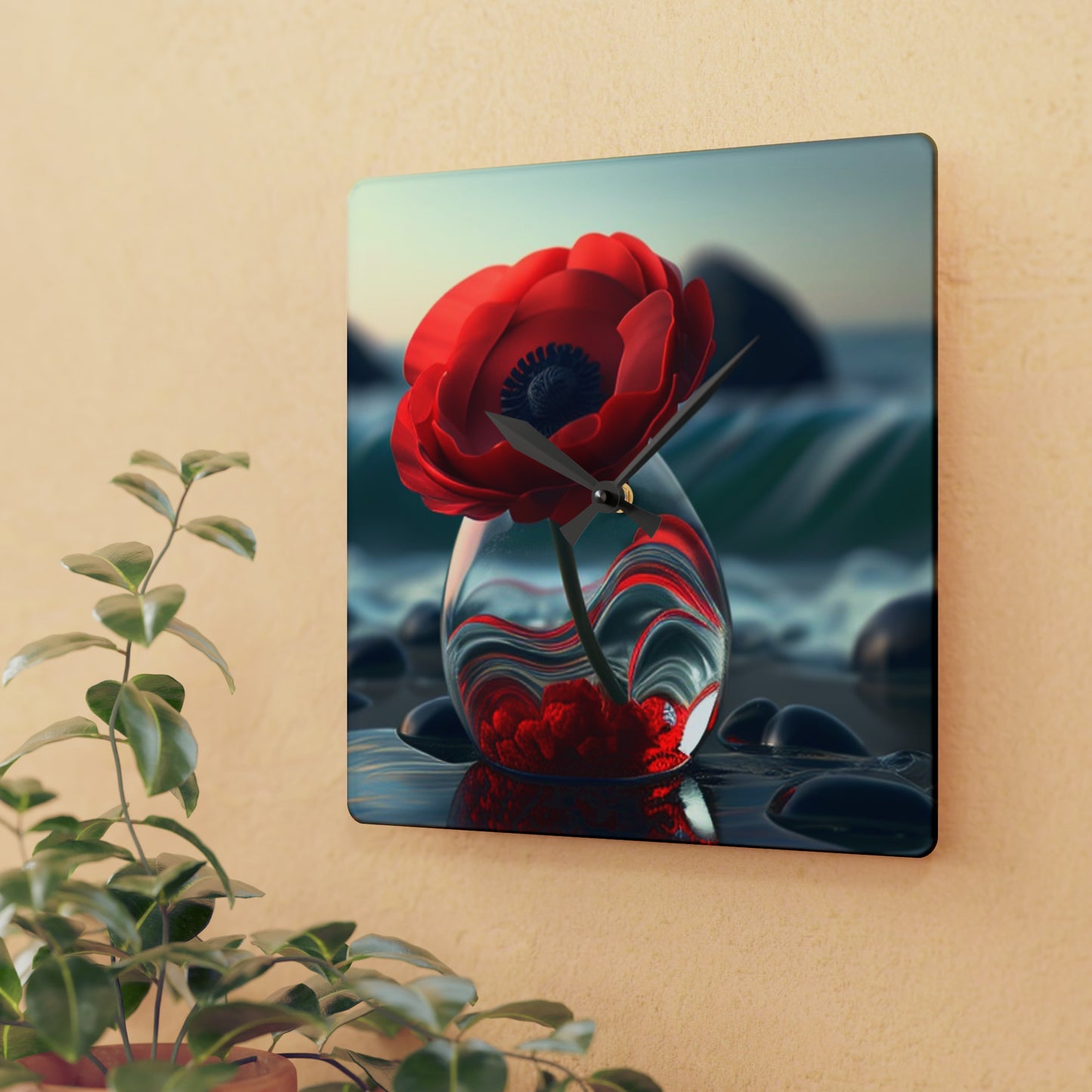 Acrylic Wall Clock Red Anemone in a Vase 1