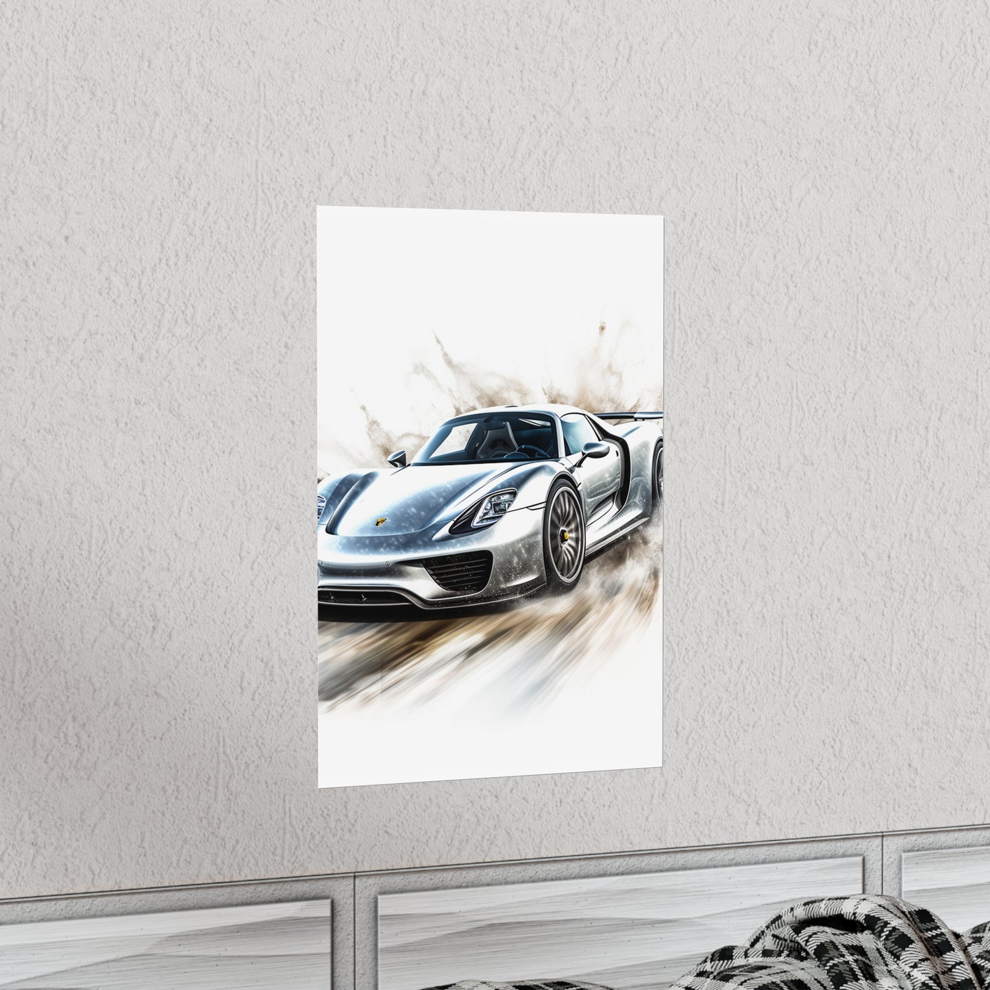 Premium Matte Vertical Posters 918 Spyder white background driving fast with water splashing 2