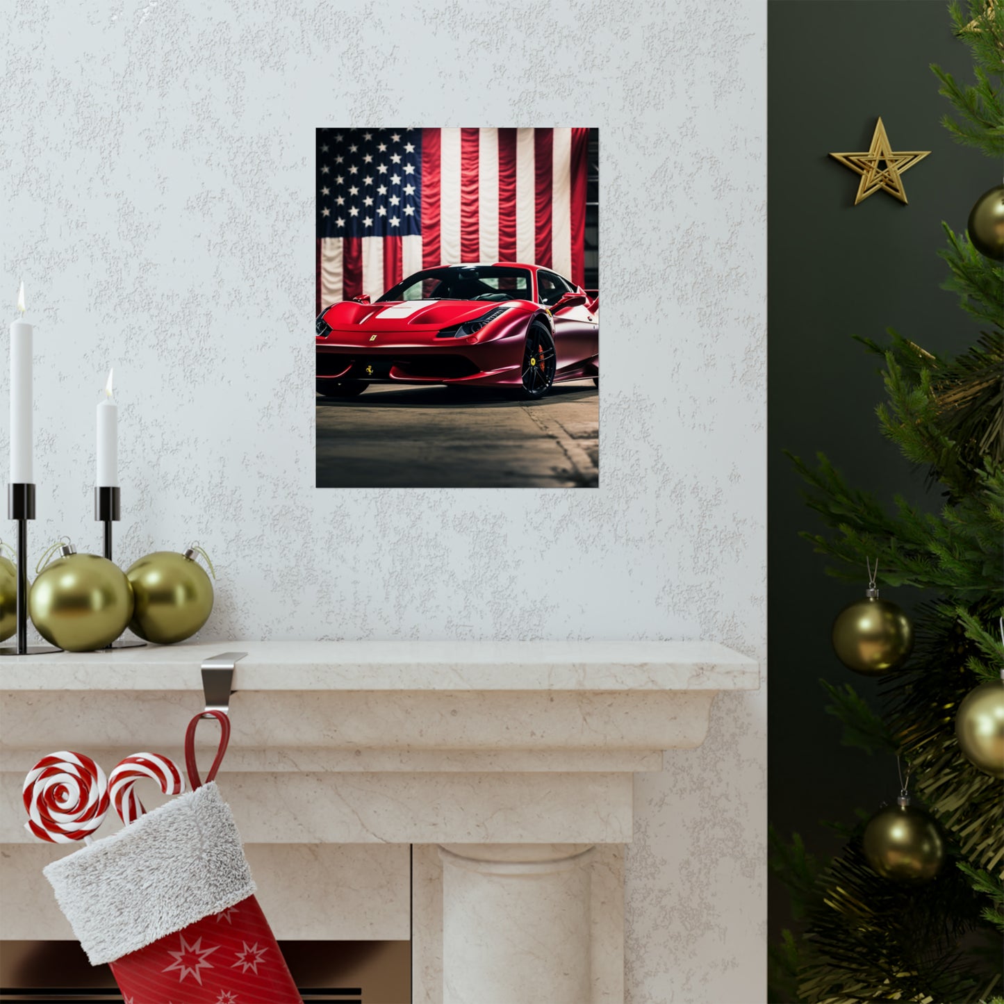 Premium Matte Vertical Posters American Flag Background Ferrari 3