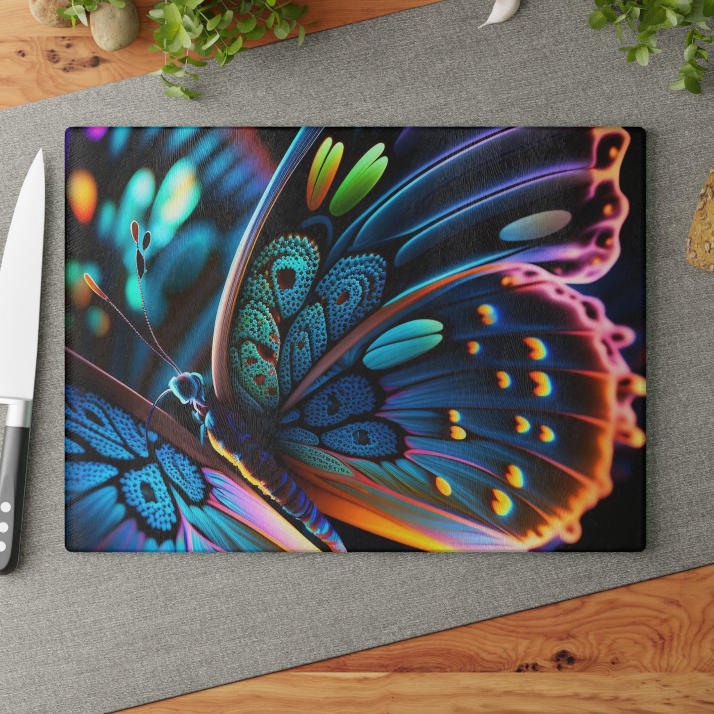 Glass Cutting Board Neon Butterfly Macro 2