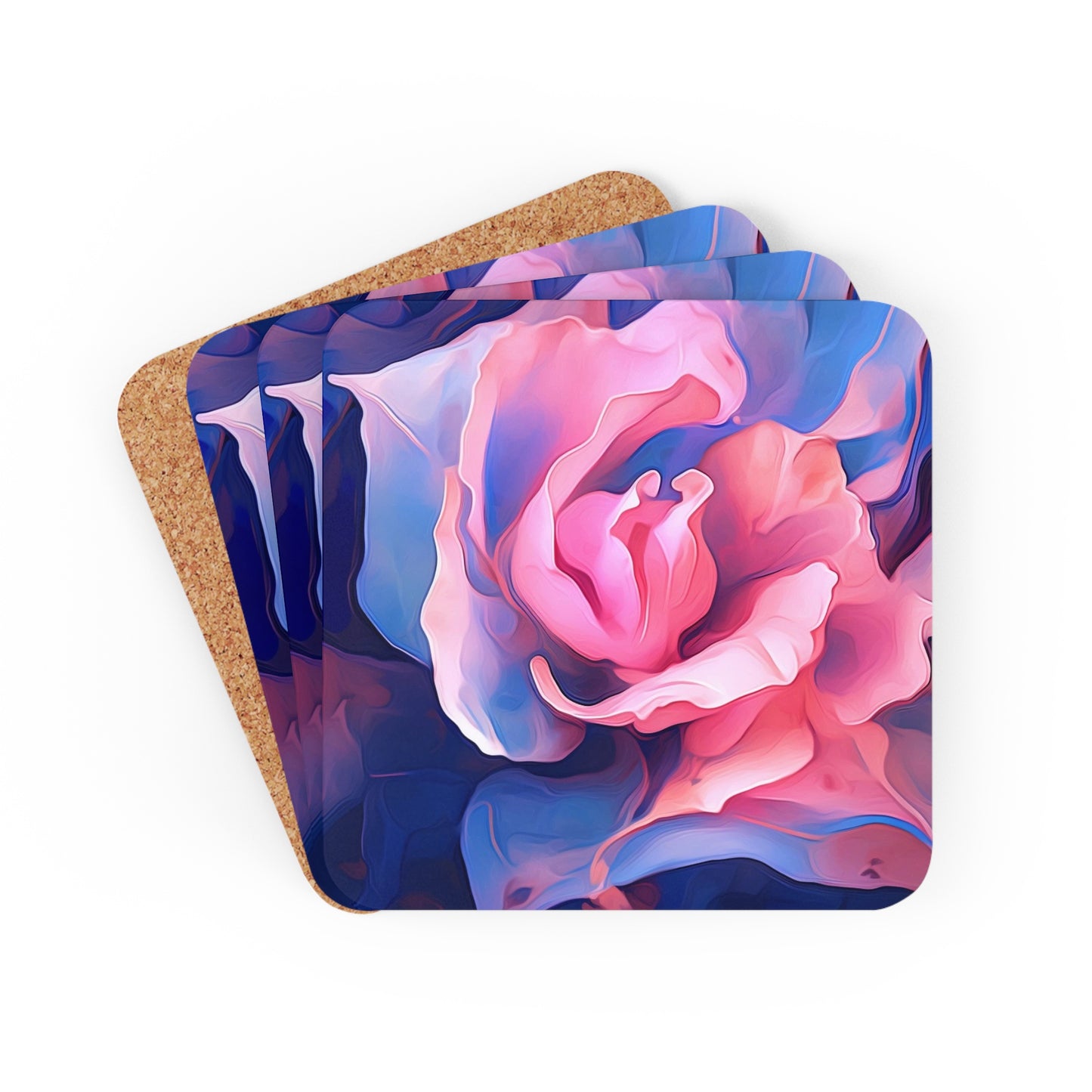 Corkwood Coaster Set Pink & Blue Tulip Rose 1