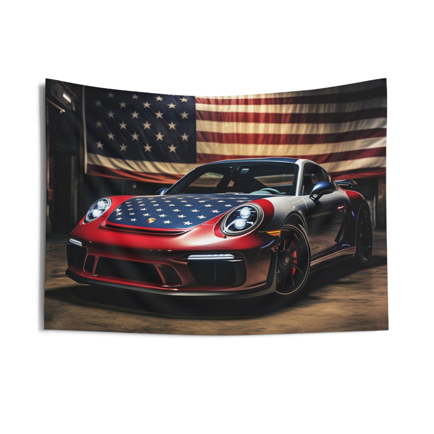 Indoor Wall Tapestries American Flag Background Porsche 1