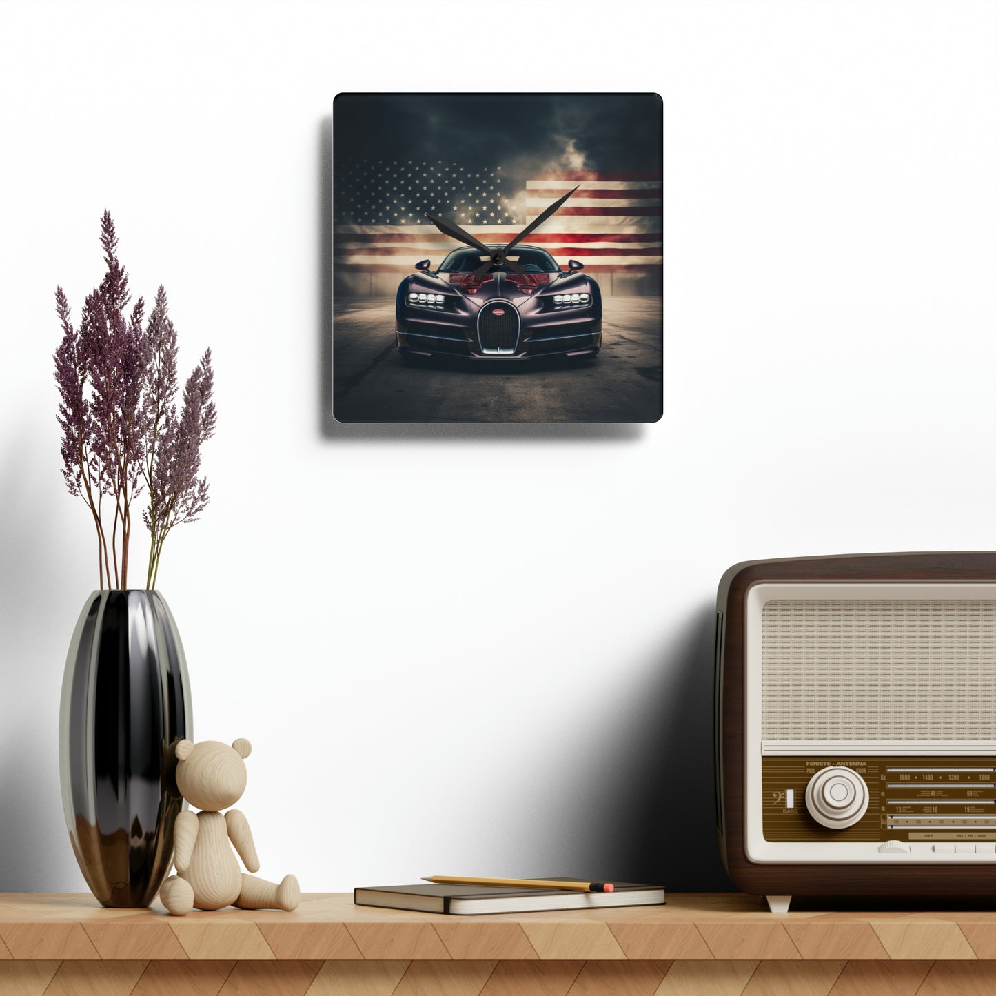 Acrylic Wall Clock American Flag Background Bugatti 2