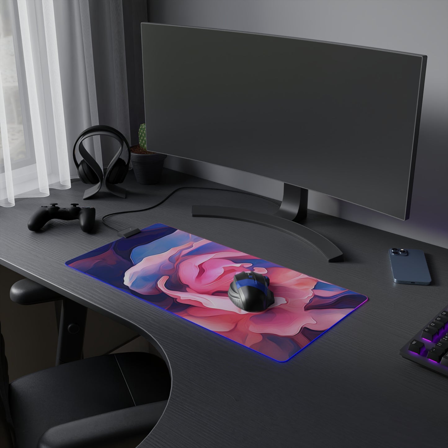 LED Gaming Mouse Pad Pink & Blue Tulip Rose 1