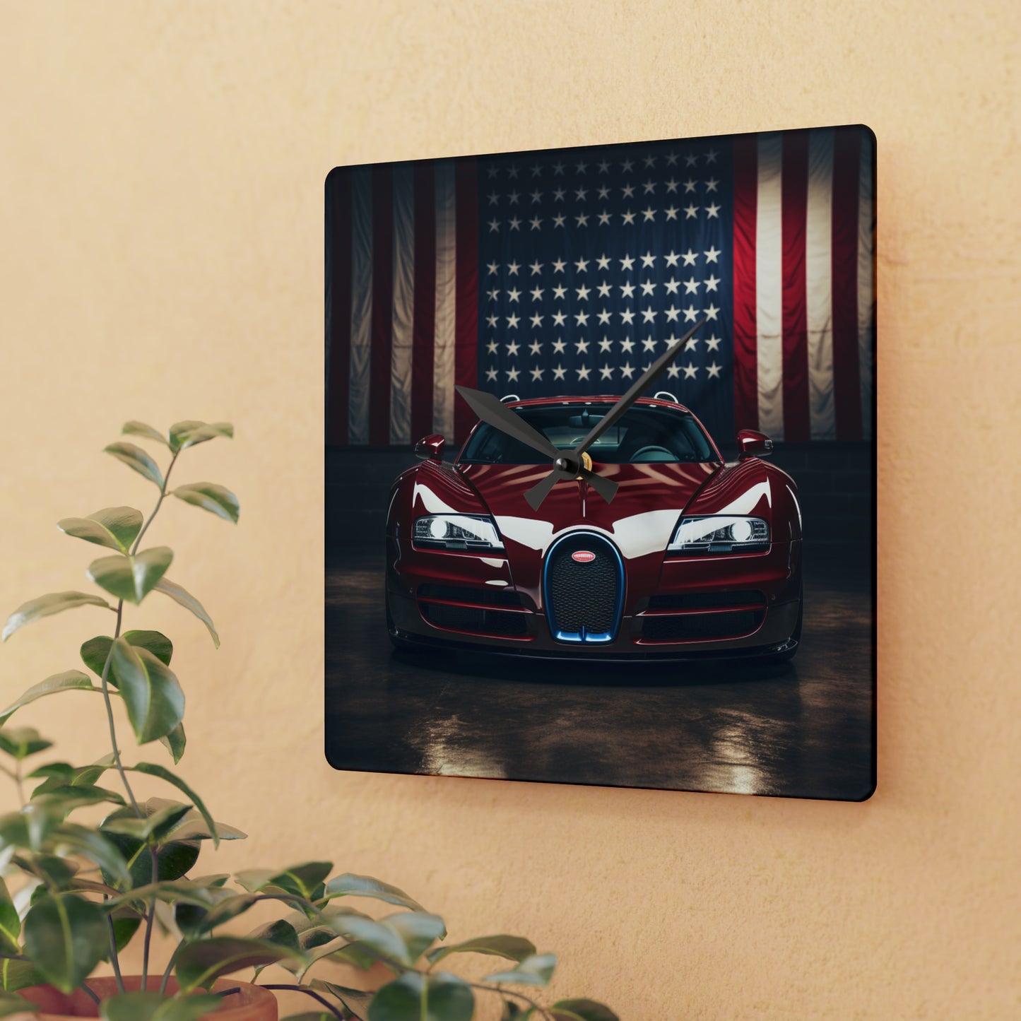 Acrylic Wall Clock American Flag Background Bugatti 1