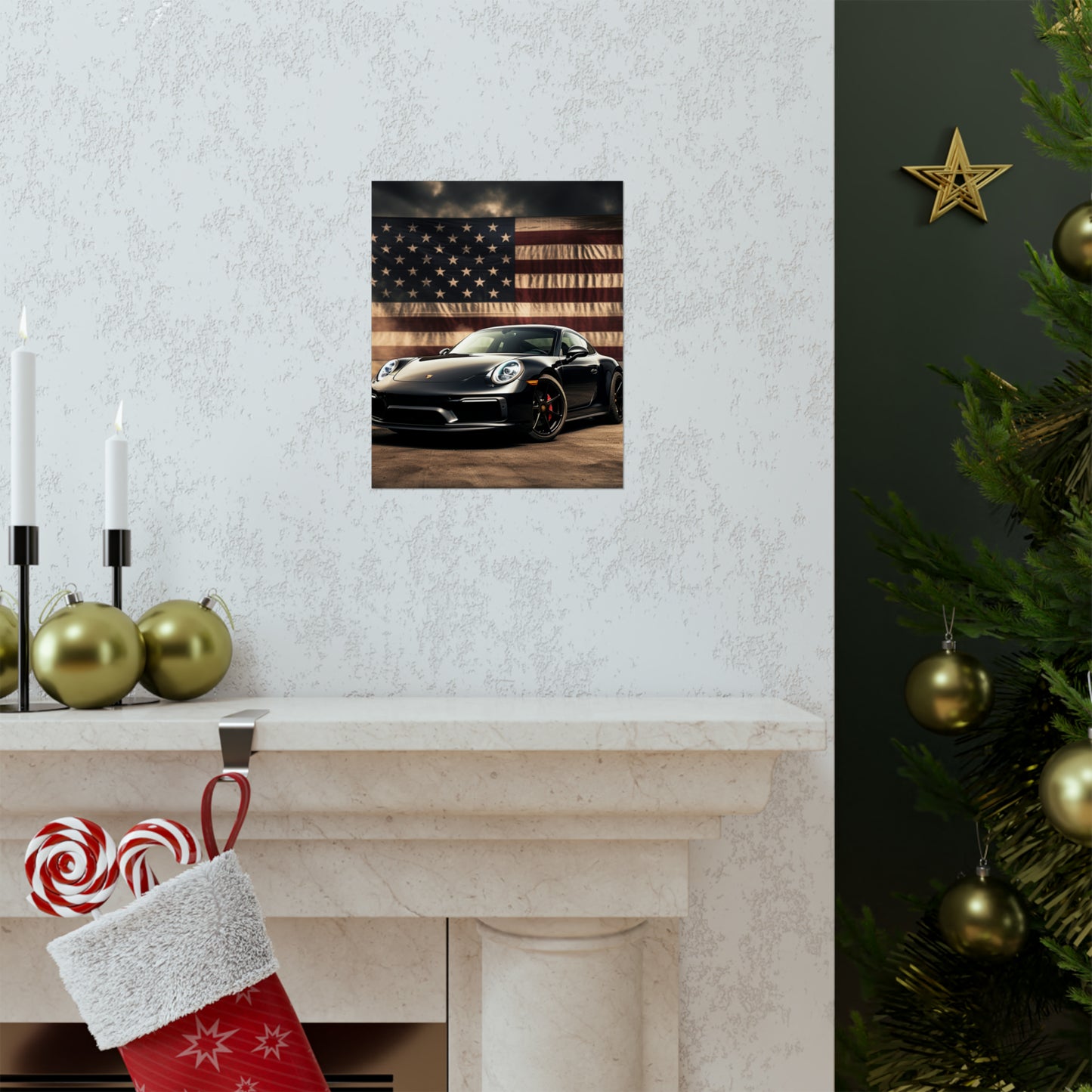 Premium Matte Vertical Posters American Flag Background Porsche 4