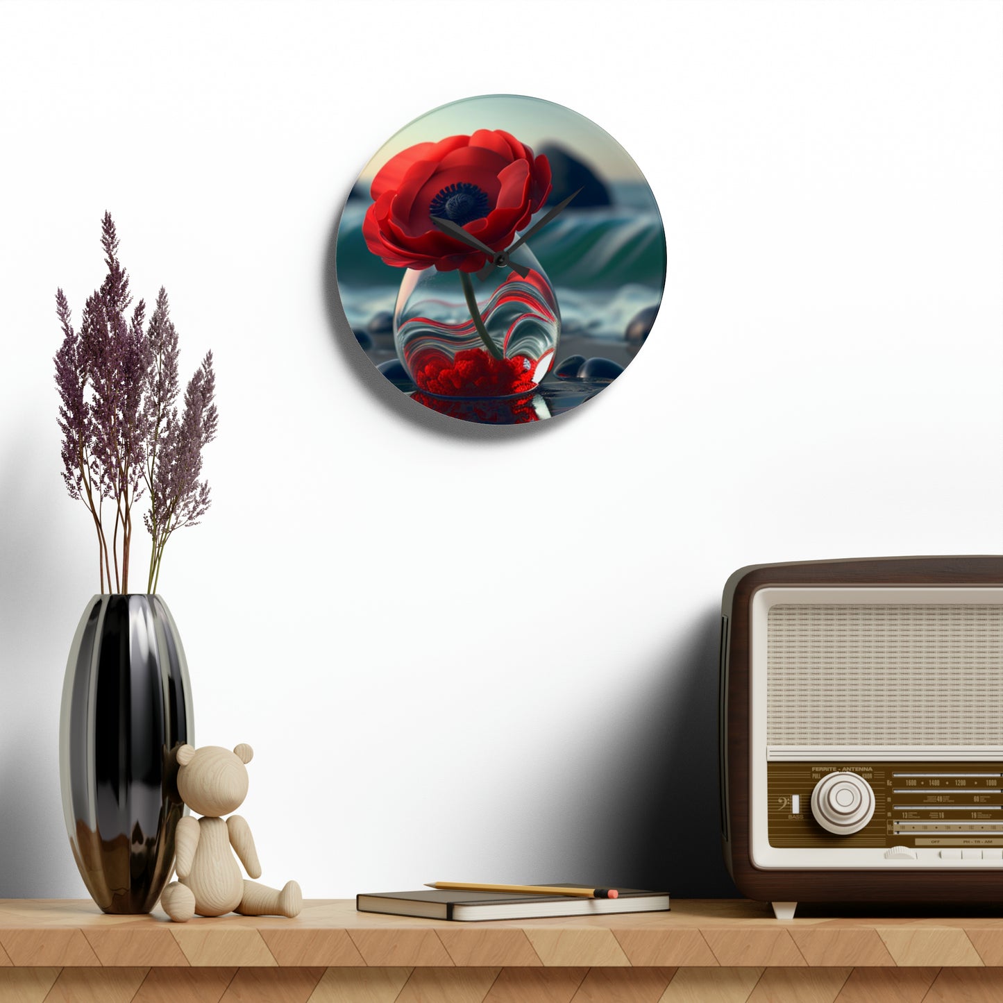 Acrylic Wall Clock Red Anemone in a Vase 1