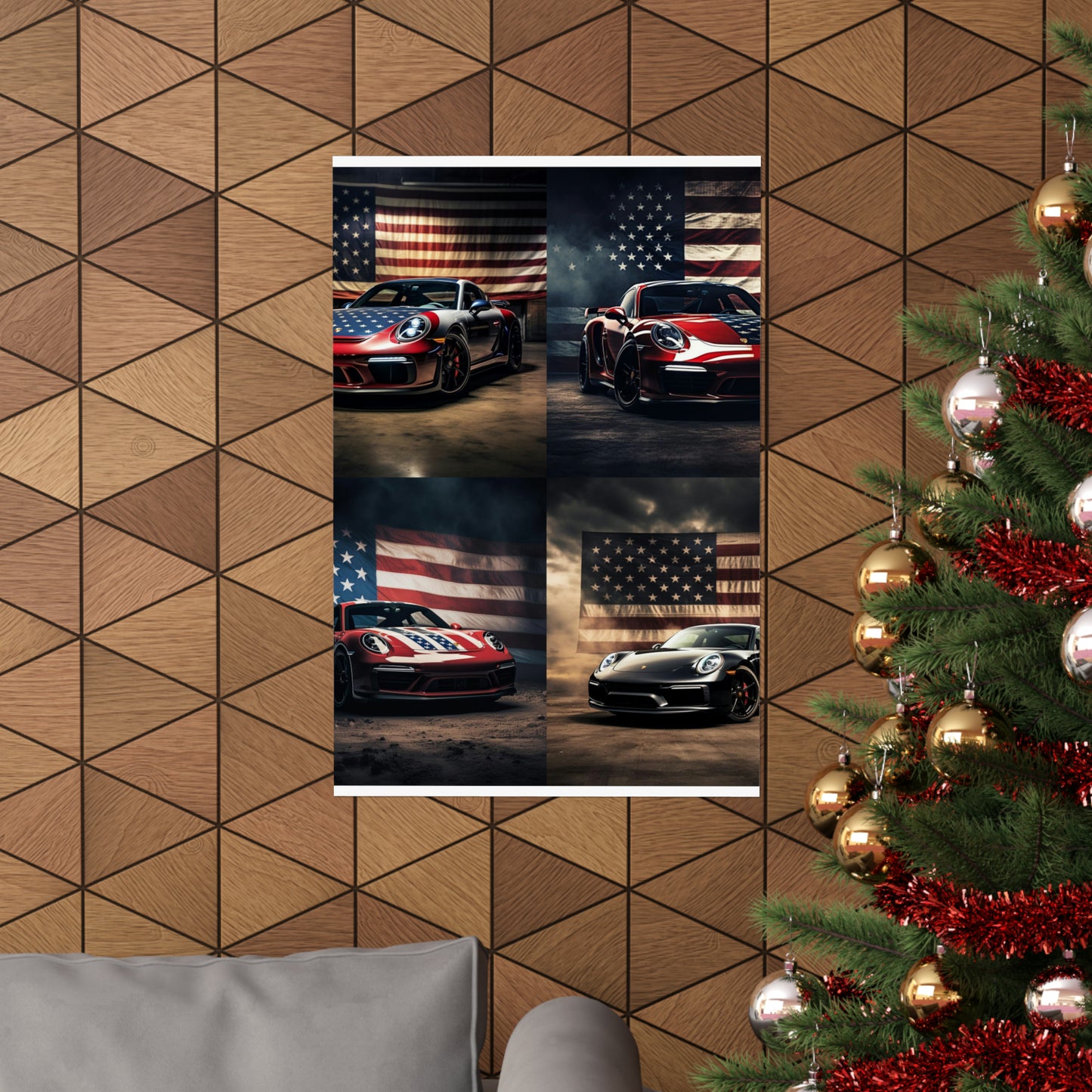 Premium Matte Vertical Posters American Flag Background Porsche 5